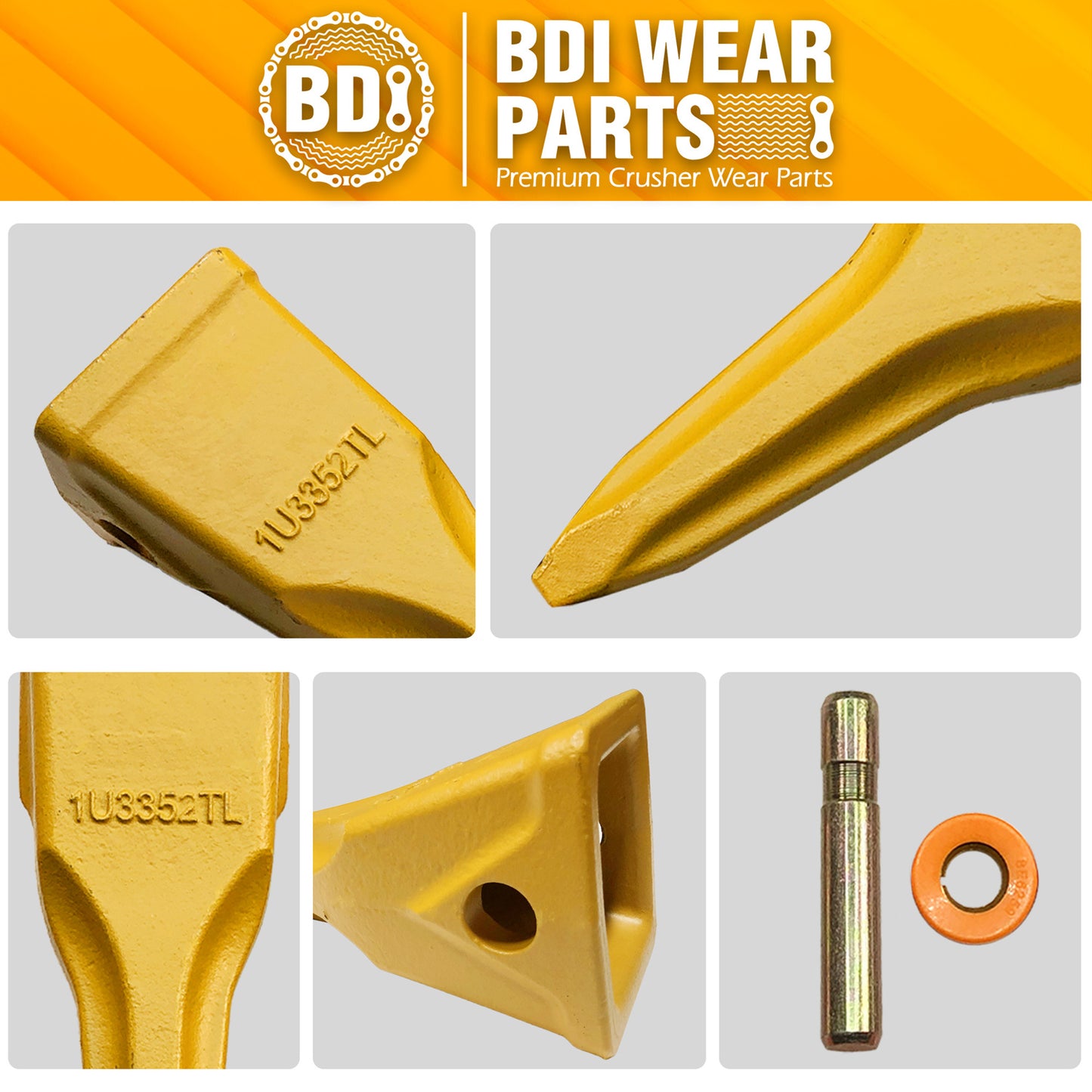 BDI Wear Parts 5 PACK 1U3352TL, Single-Pointed Rock Tooth of Excavator Bucket with pin Suitable for Cat J350 Series
