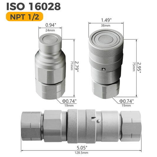 BDI Wear Parts 1/2" NPT Flat Face Hydraulic Coupler Skid Steer Quick Connect Disconnect Coupling 1/2 Body/Coupling Quick Connect with Dust caps