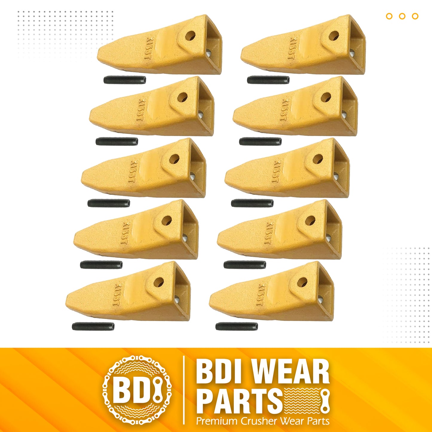 BDI Wear Parts X156T Tiger Hensley Style Bucket Teeth 156 Series Adapters Short Teeth with P156 Roll Pins- 10 Pack