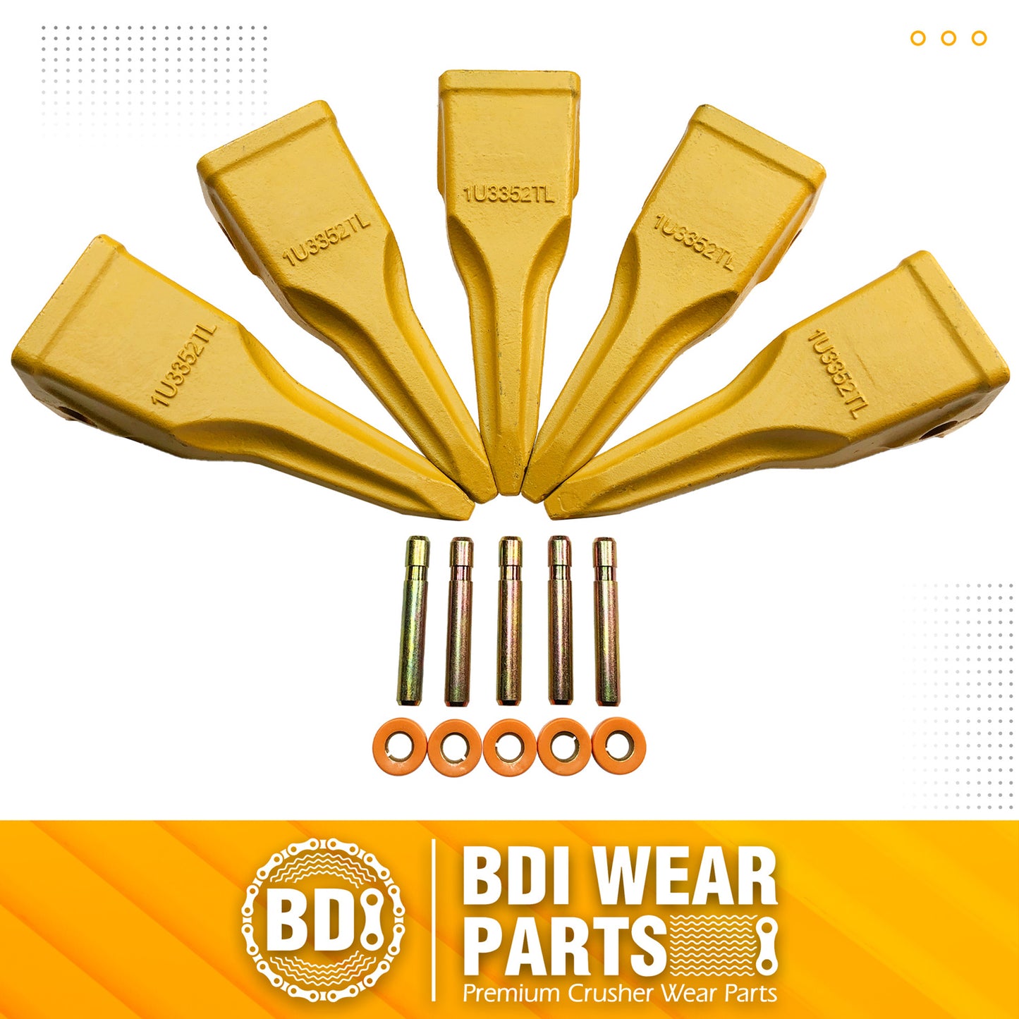 BDI Wear Parts 5 PACK 1U3352TL, Single-Pointed Rock Tooth of Excavator Bucket with pin Suitable for Cat J350 Series