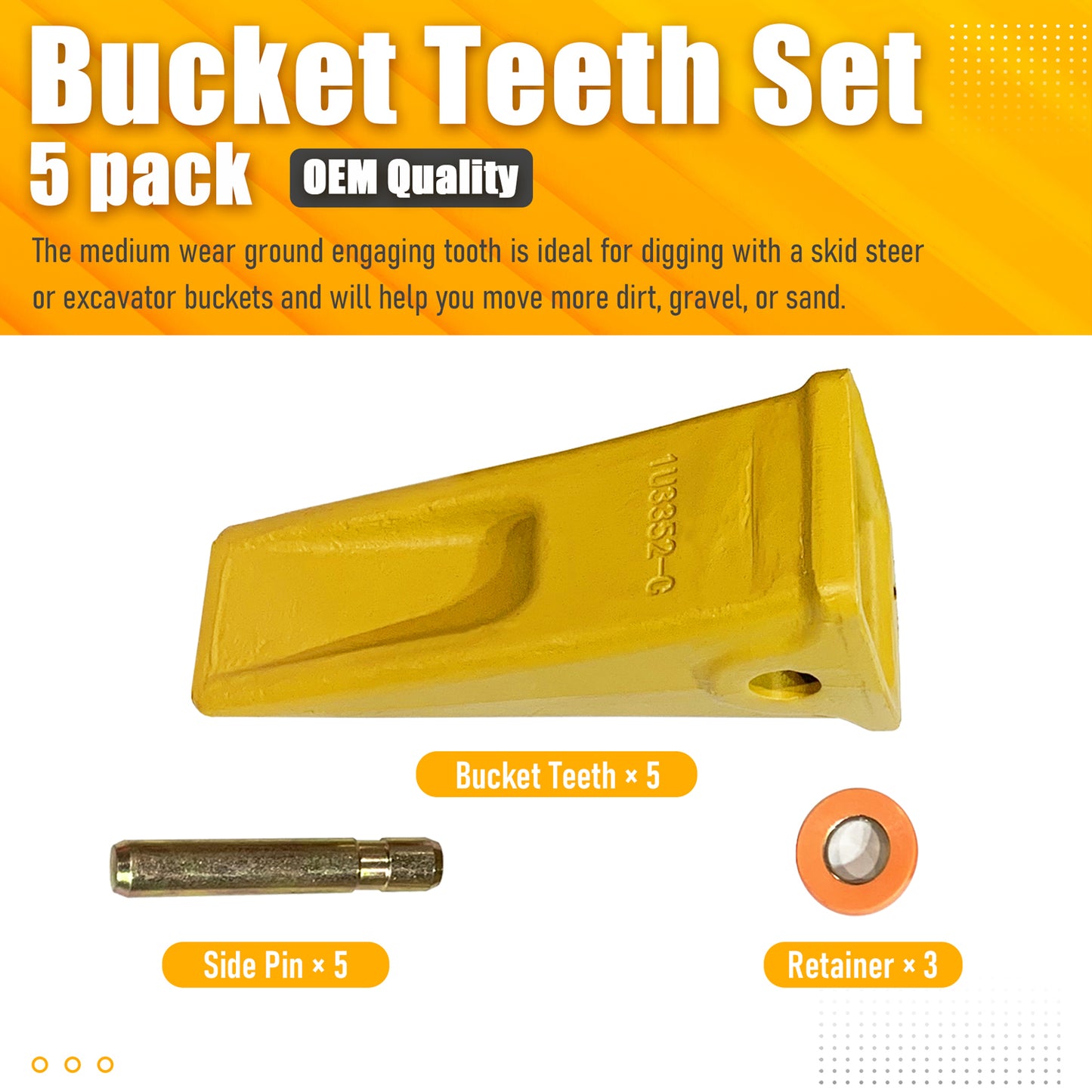 BDI Wear Parts 5 Pack Forged Caterpillar J350 Style Bucket Dirt Teeth w/ Pins 8E6358 & 8E6359 Retainers - 1U3352