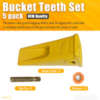 BDI Wear Parts 5 Pack Forged Caterpillar J350 Style Bucket Dirt Teeth w/ Pins 8E6358 & 8E6359 Retainers - 1U3352