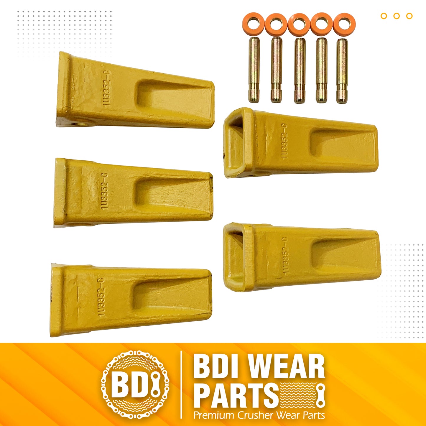 BDI Wear Parts 5 Pack Forged Caterpillar J350 Style Bucket Dirt Teeth w/ Pins 8E6358 & 8E6359 Retainers - 1U3352