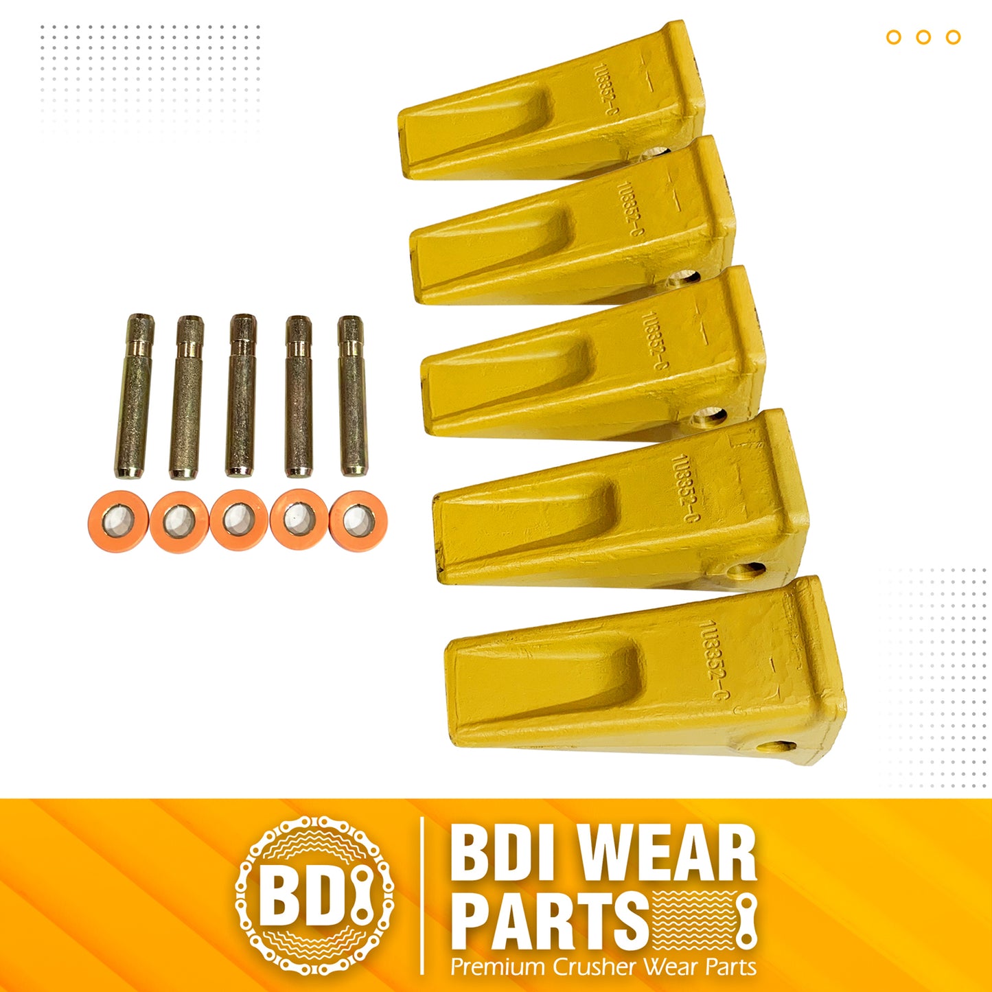 BDI Wear Parts 5 Pack Forged Caterpillar J350 Style Bucket Dirt Teeth w/ Pins 8E6358 & 8E6359 Retainers - 1U3352
