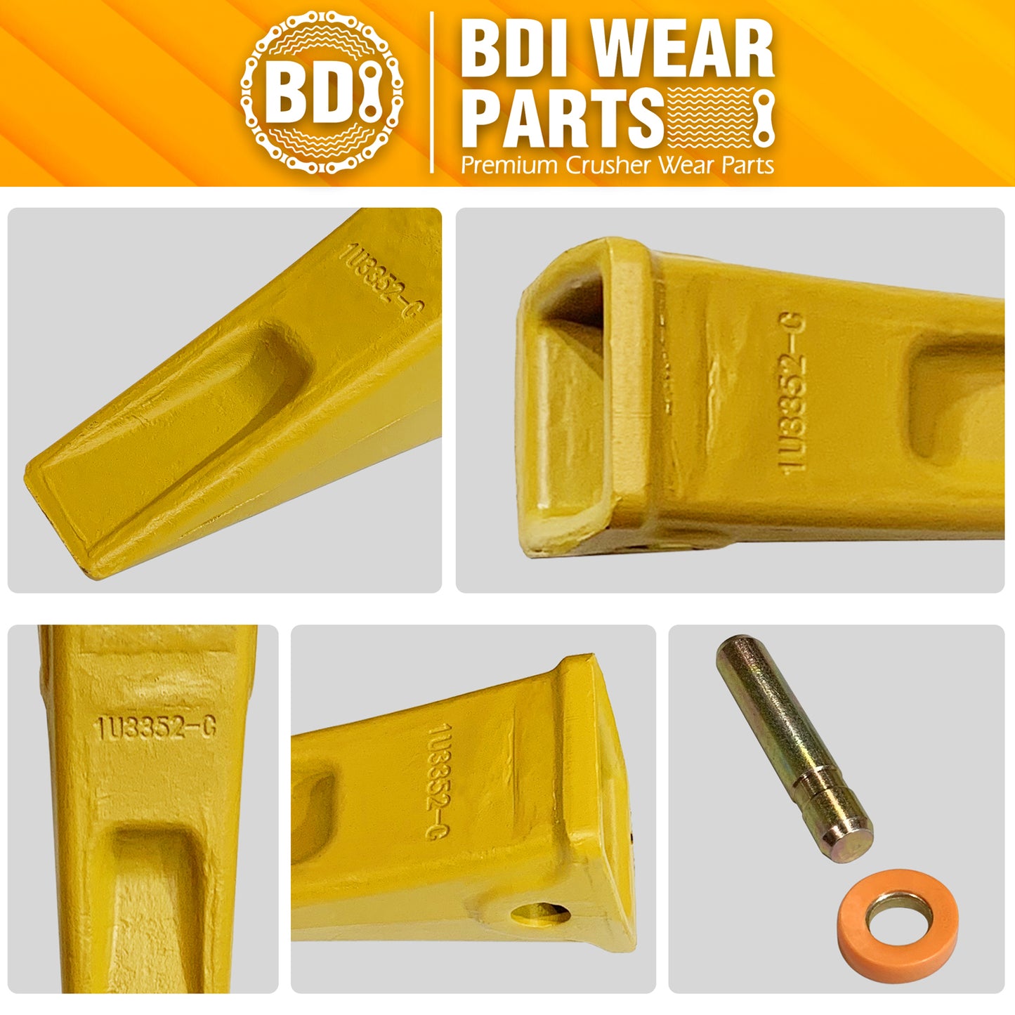 BDI Wear Parts 5 Pack Forged Caterpillar J350 Style Bucket Dirt Teeth w/ Pins 8E6358 & 8E6359 Retainers - 1U3352