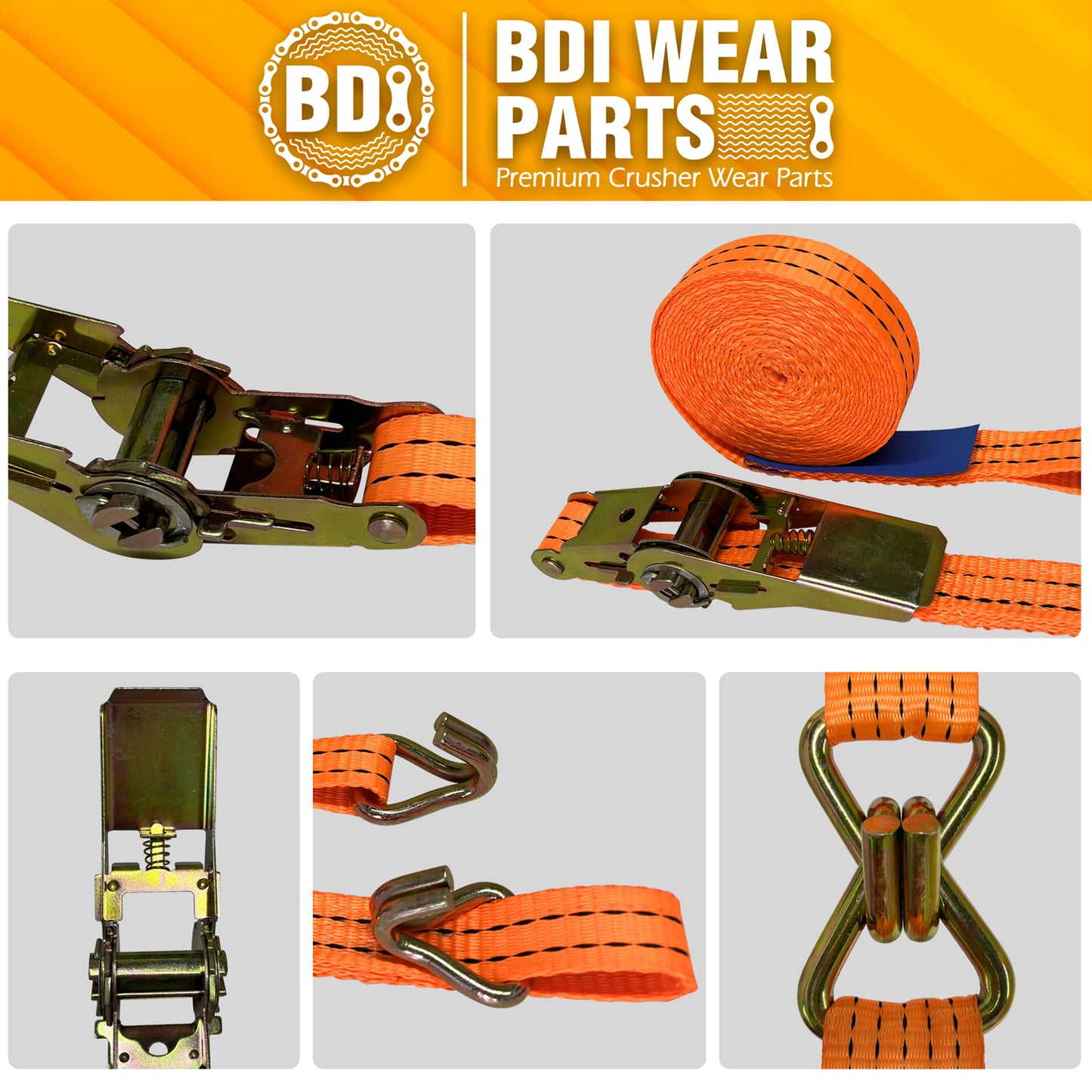 BDI Wear Parts 1" x16' Ratchet Straps Tie Down 2000LBS Break Strength, 600 LBS Working Load, Double J Hook Heavy Duty Cargo Strap for Moving Appliances, Motorcycles and Securing Cargo - 2/4/6PCS