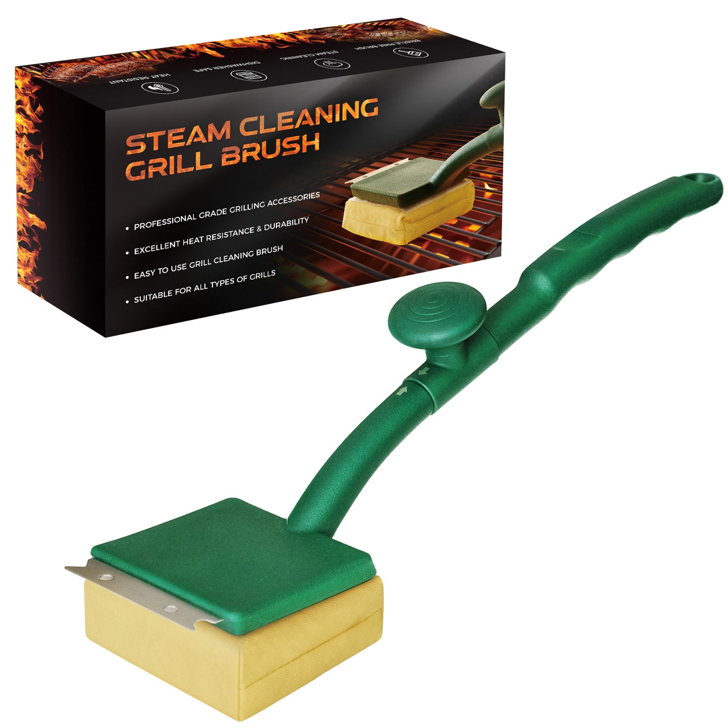 Grill Brush Bristle Free, BBQ Replaceable Cleaning Head, Safe Barbecue Grill Cleaner, with Seamless Fit Scraper Tool for Cast Iron, Stainless-Steel Grates - Green