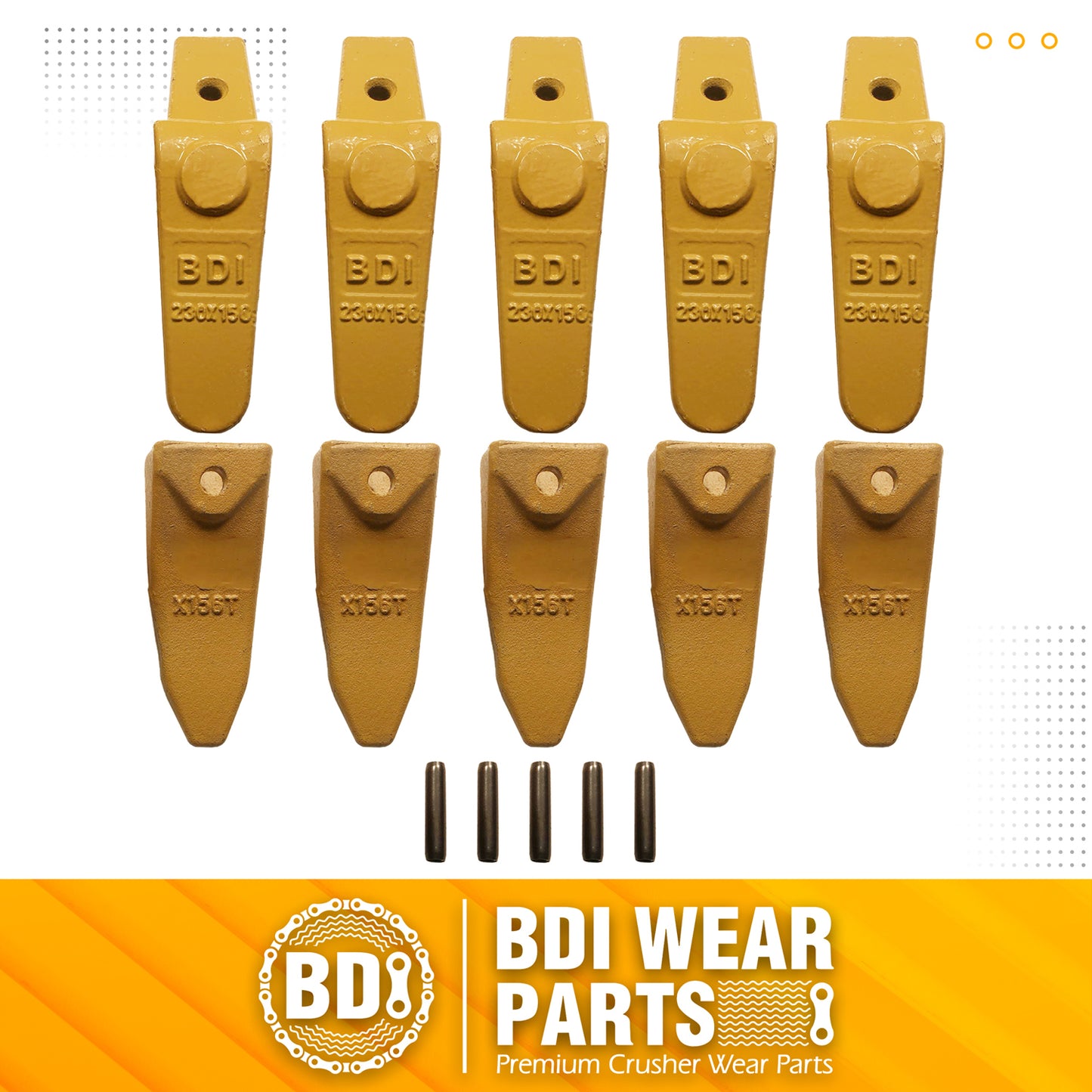 BDI Wear Parts Assembly 230X156 Backhoe Shank / X156T Bucket Teeth / P156 Flex Pin for Mini Excavator - 5 Set