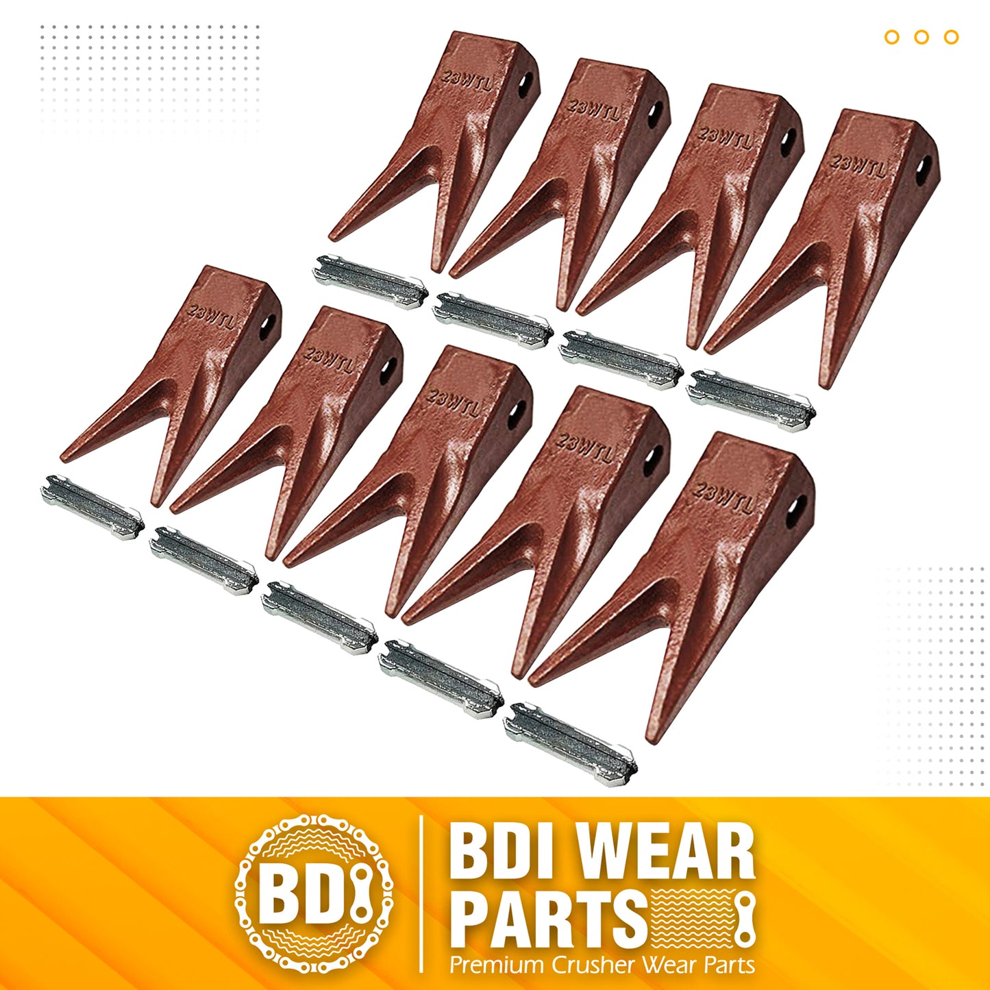 BDI Wear Parts 23WTL Tiger Bucket Teeth Bucket Digging Teeth/Bucket Tooth & 23FP Flex Pins - 9 Pack