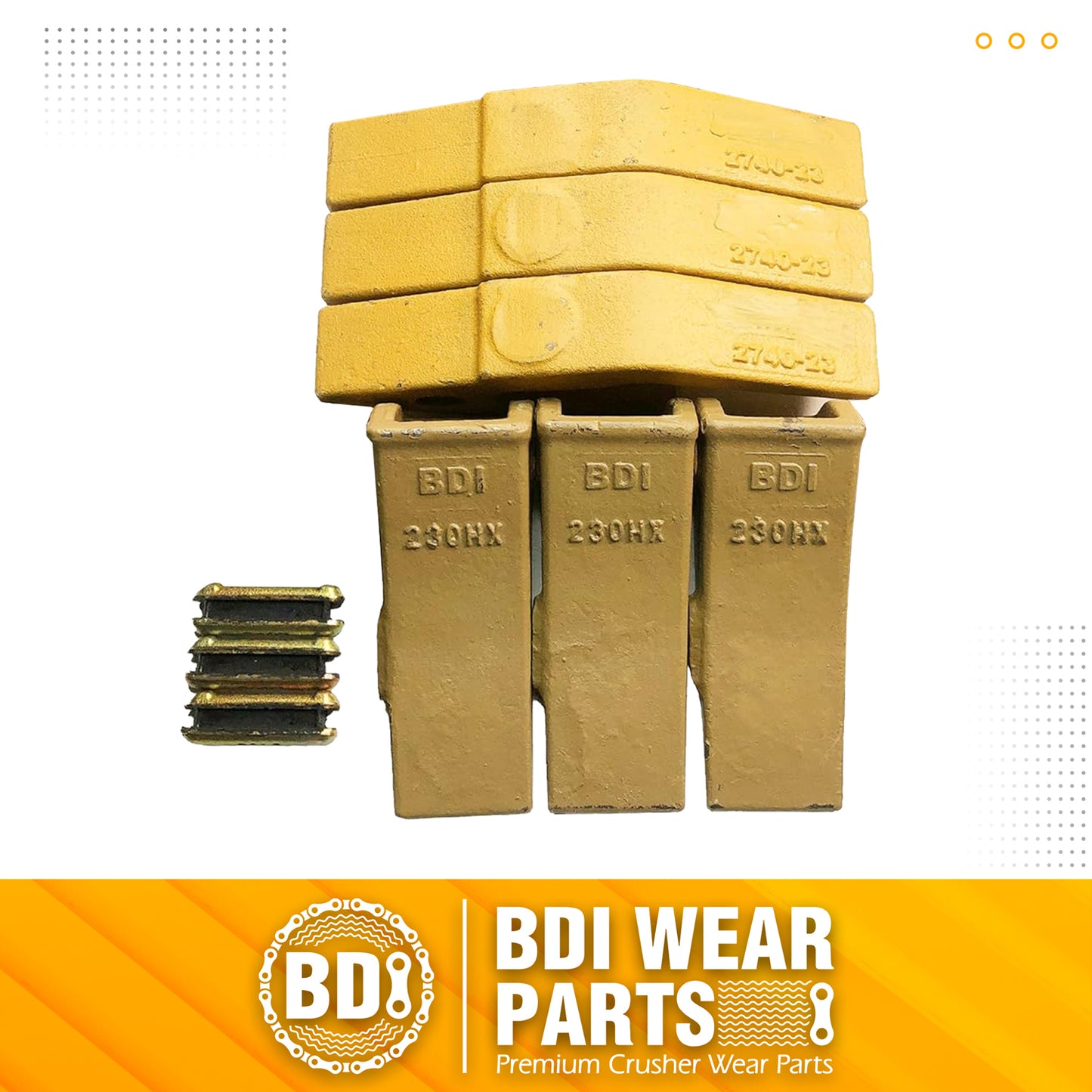 BDI Wear Parts 2740W23 Bucket Tooth Seat Adapter + 23 230 Bucket Teeth and TF23P Flex Pins - 3 Set