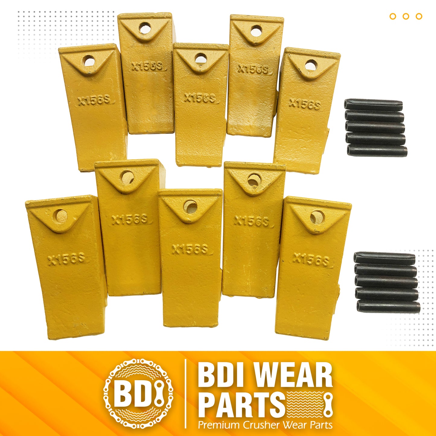 BDI Wear Parts X156S Short Dirt Teeth Hensley Style Bucket Teeth/Tooth with P156 Roll Pins - 10 Pack