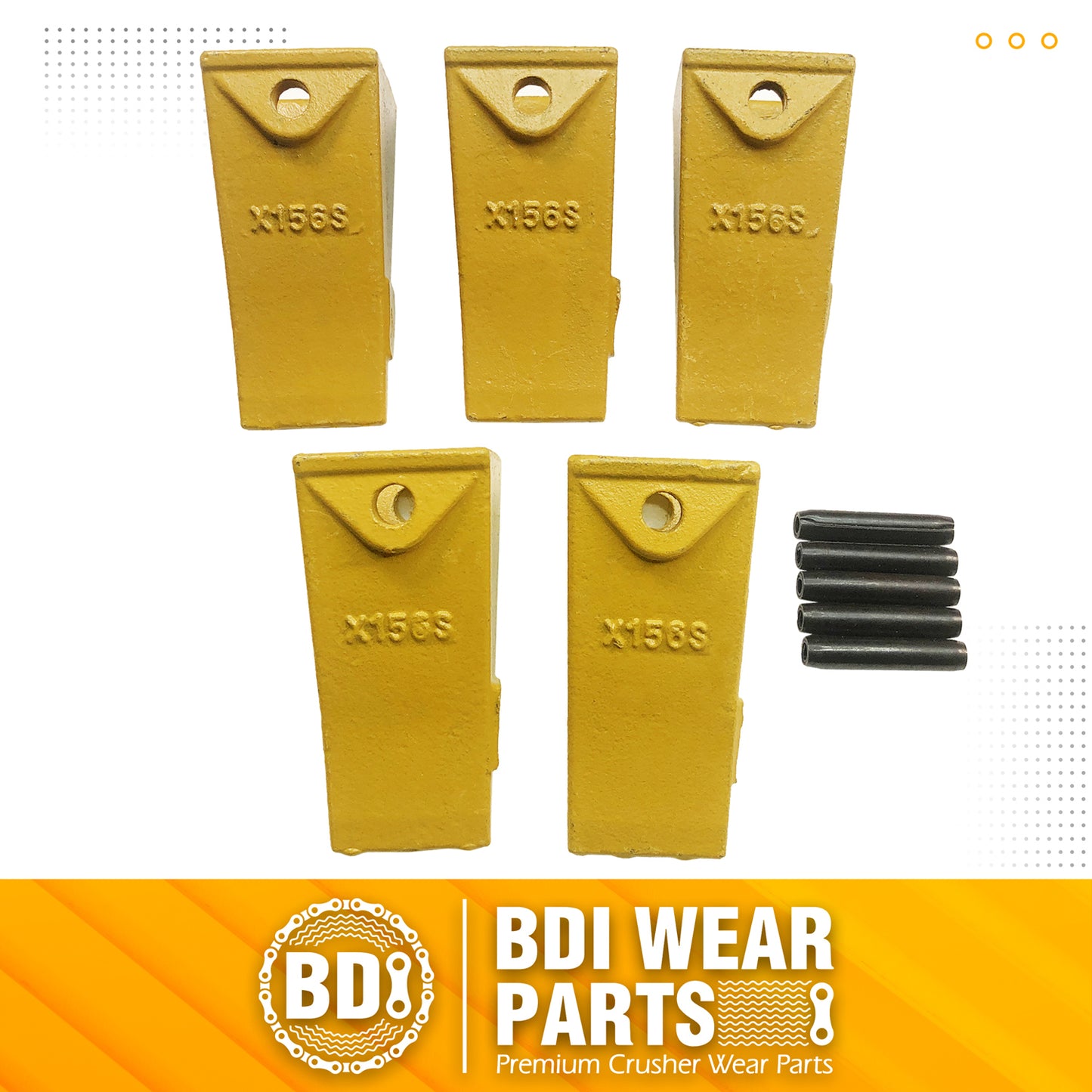 BDI Wear Parts X156S Short Dirt Teeth Hensley Style Bucket Teeth/Tooth & P156 Roll Pins - 5 Pack