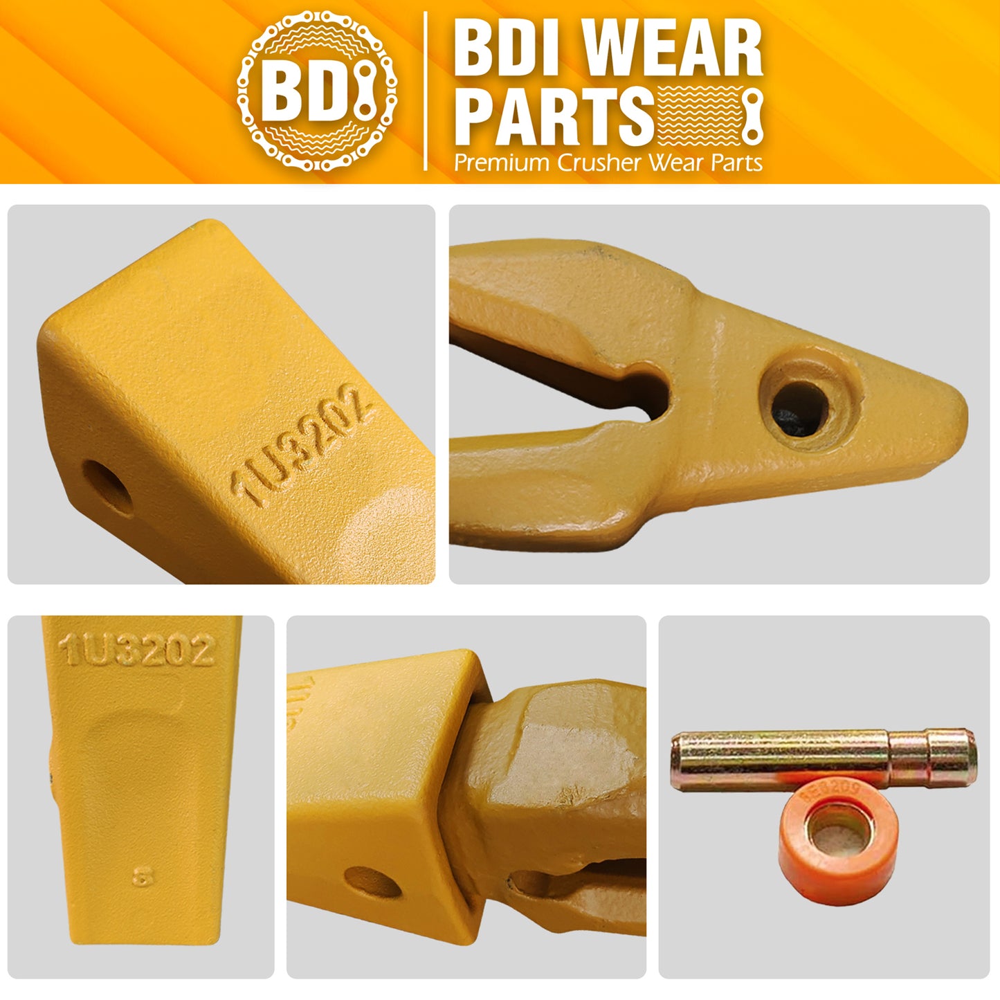 BDI Wear Parts Assembly Adapter 119-3204 Bolt On Shank / 1U3202 Excavator Bucket Teeth/Pin 8E6208 Retainer 8E6209, Caterpillar Bucket Tooth J200 Series - 1 Set