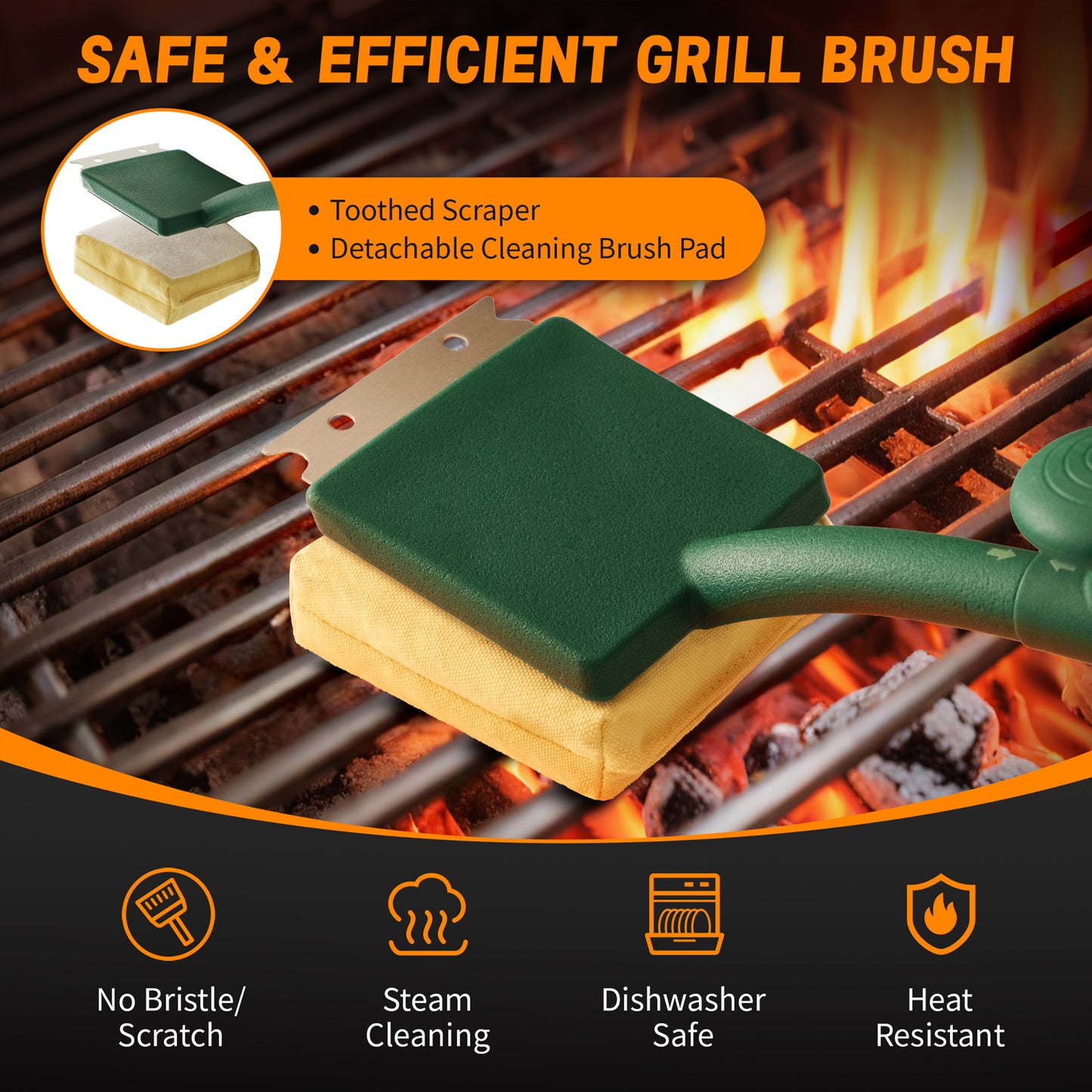 Grill Brush Bristle Free, BBQ Replaceable Cleaning Head, Safe Barbecue Grill Cleaner, with Seamless Fit Scraper Tool for Cast Iron, Stainless-Steel Grates - Green
