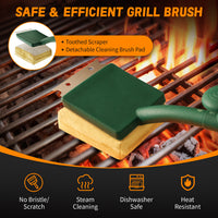Grill Brush Bristle Free, BBQ Replaceable Cleaning Head, Safe Barbecue Grill Cleaner, with Seamless Fit Scraper Tool for Cast Iron, Stainless-Steel Grates - Green