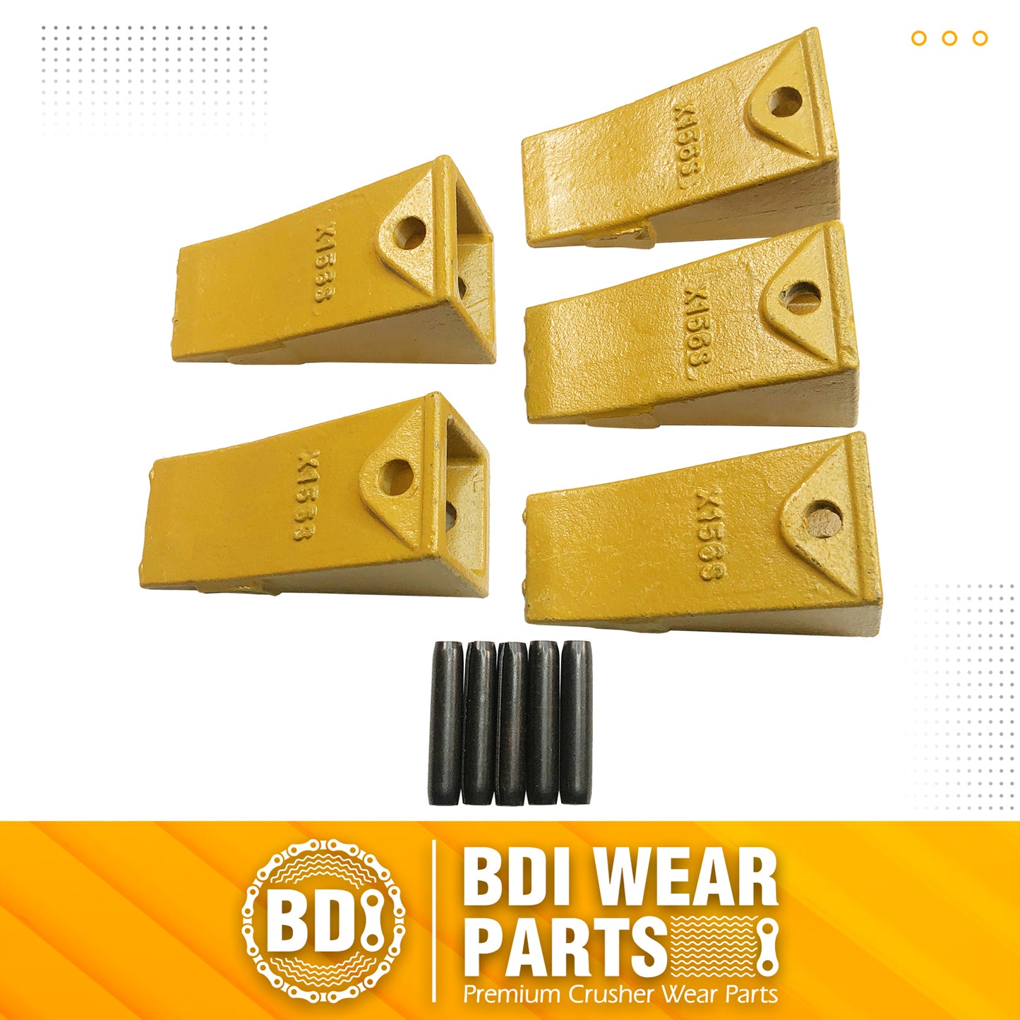 BDI Wear Parts X156S Short Dirt Teeth Hensley Style Bucket Teeth/Tooth & P156 Roll Pins - 5 Pack