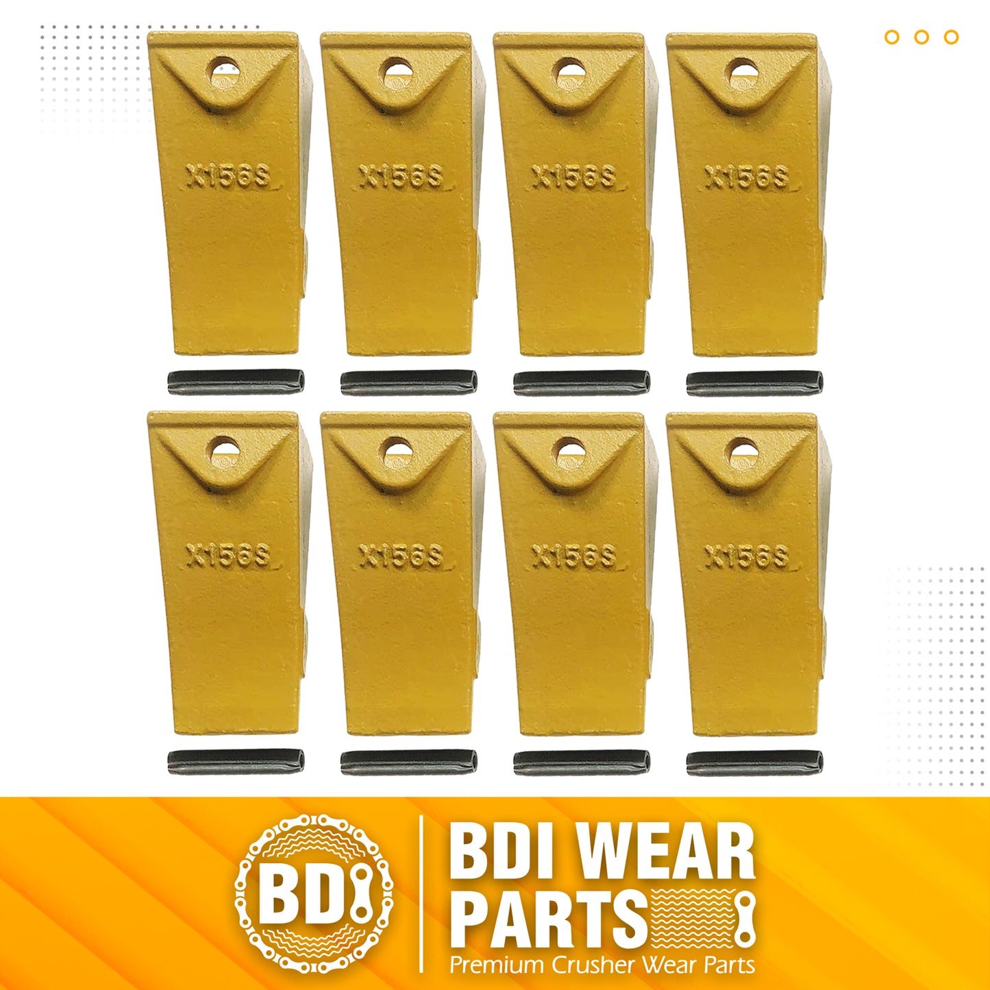 BDI Wear Parts X156S Short Dirt Teeth Hensley Style Bucket Teeth/Tooth with P156 Roll Pins - 8 Pack