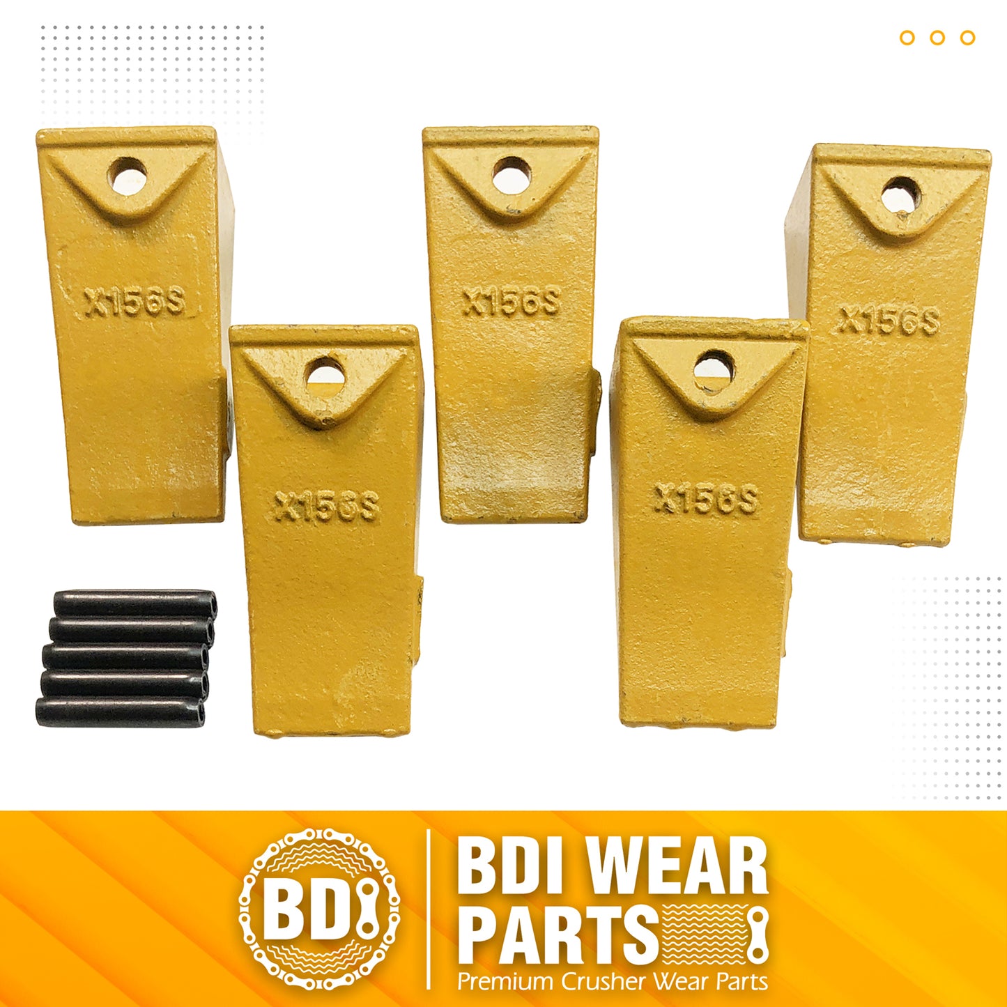BDI Wear Parts X156S Short Dirt Teeth Hensley Style Bucket Teeth/Tooth & P156 Roll Pins - 5 Pack