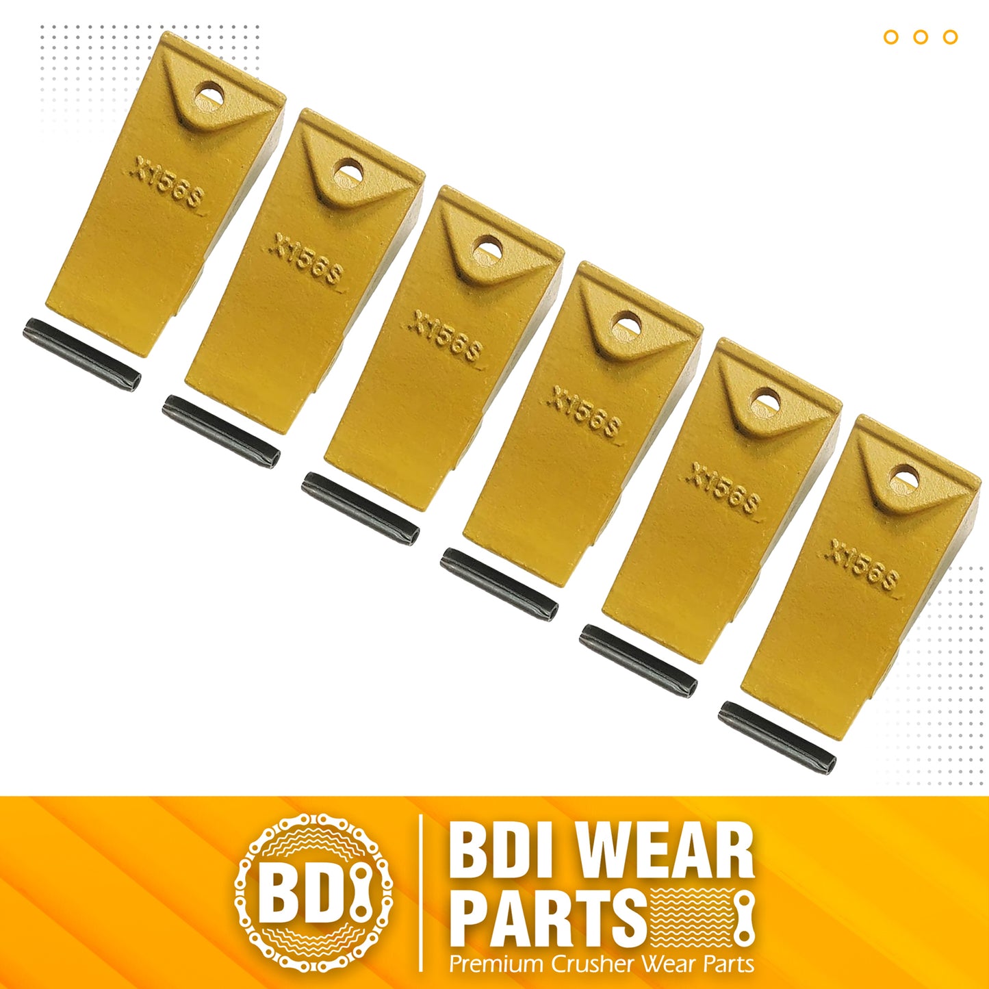 BDI Wear Parts X156S Short Dirt Teeth Hensley Style Bucket Teeth/Tooth with P156 Roll Pins - 6 Pack