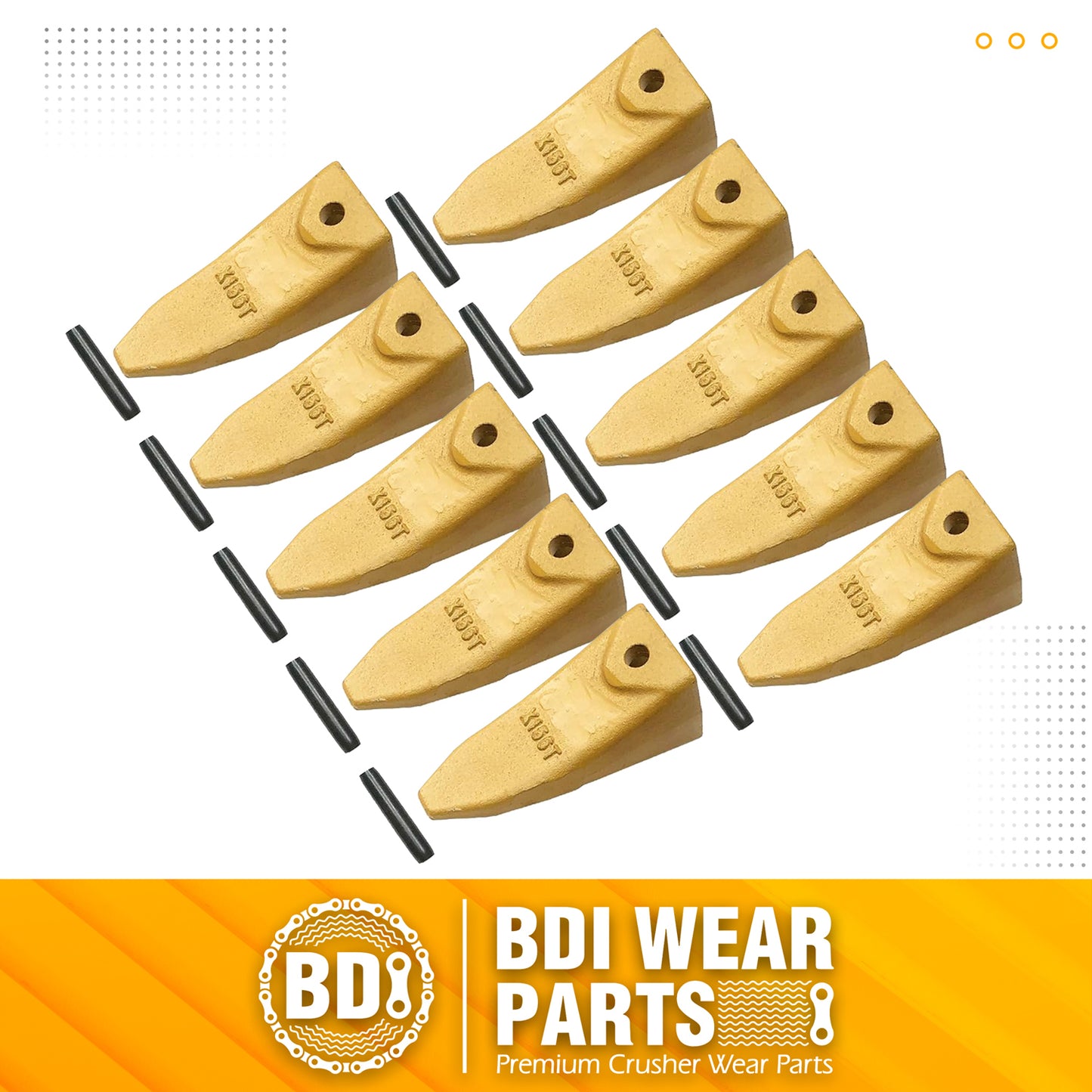 BDI Wear Parts X156T Tiger Hensley Style Bucket Teeth 156 Series Adapters Short Teeth with P156 Roll Pins- 10 Pack