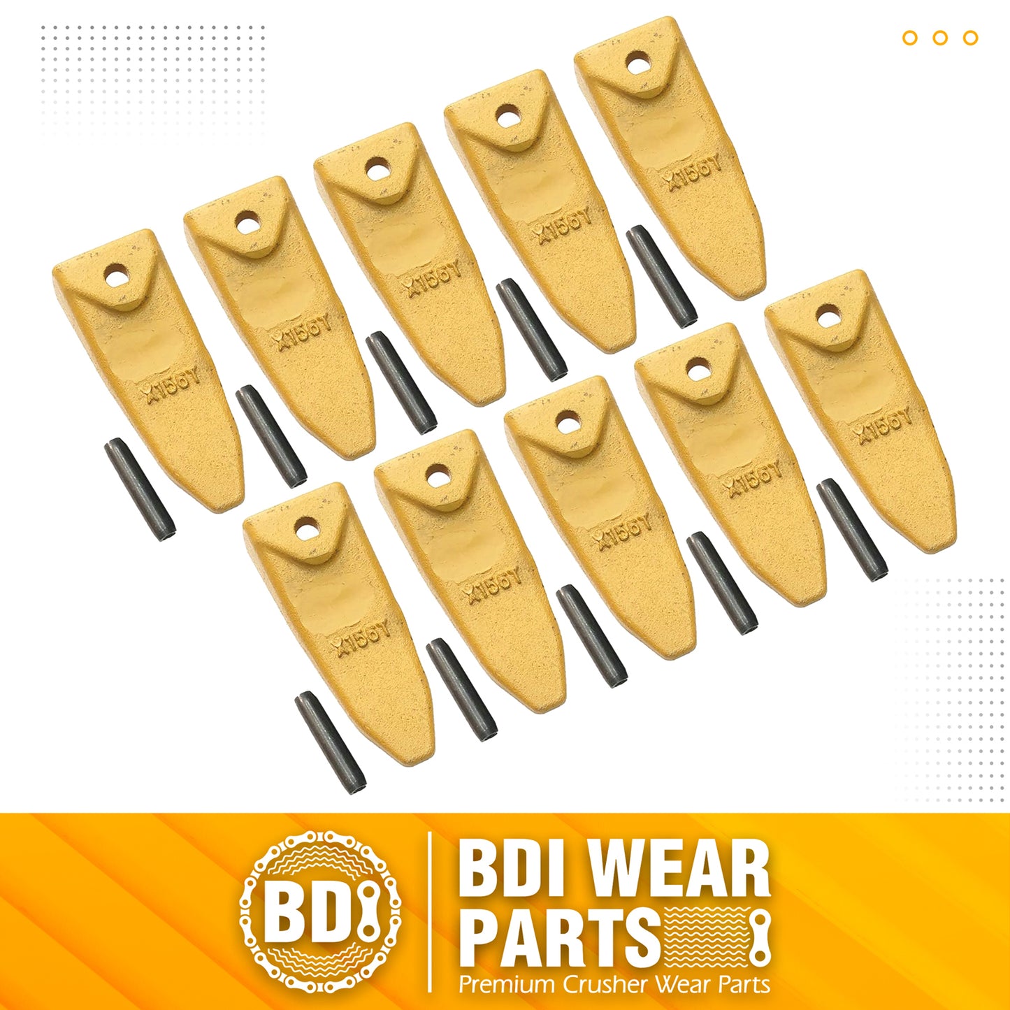 BDI Wear Parts X156T Tiger Hensley Style Bucket Teeth 156 Series Adapters Short Teeth with P156 Roll Pins- 10 Pack