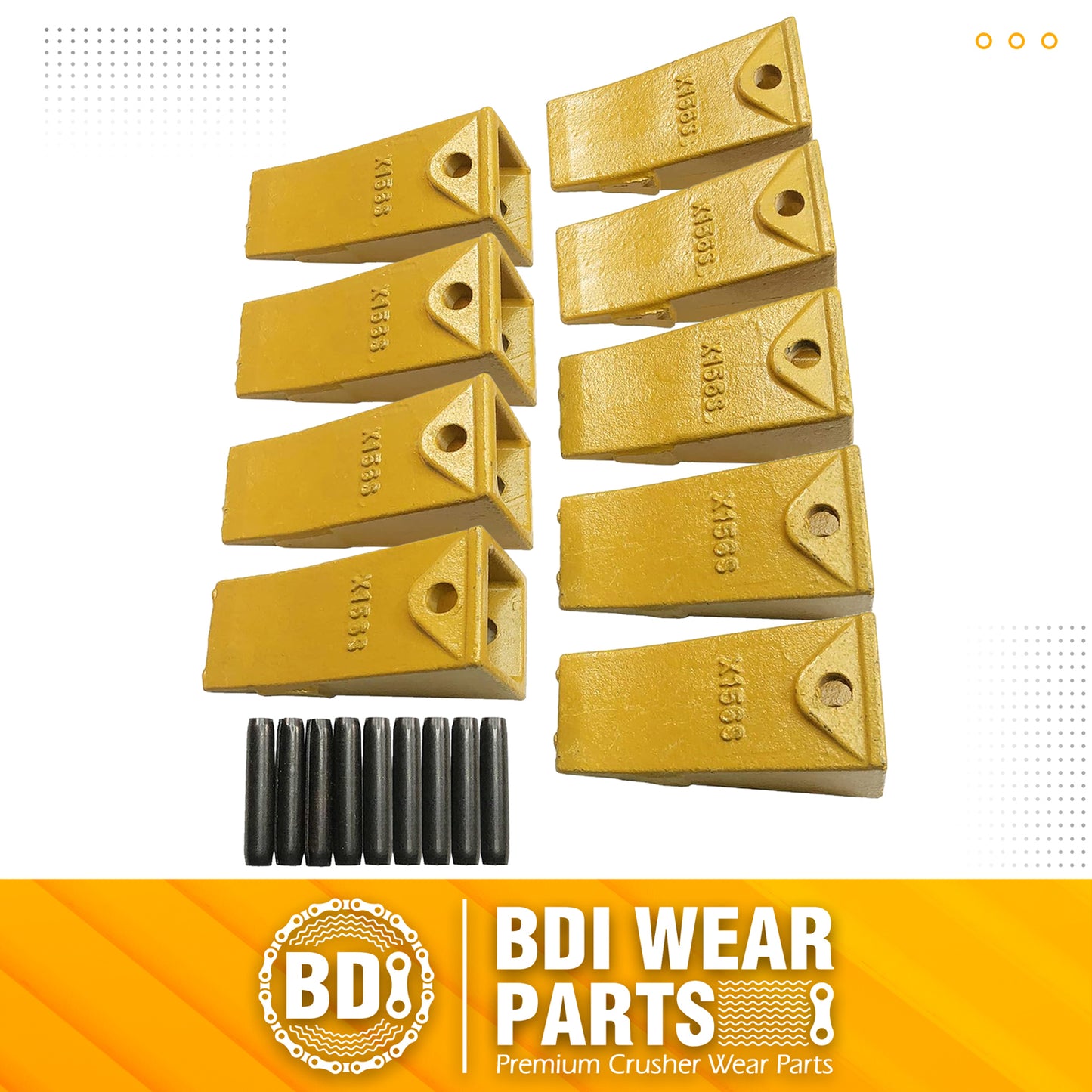 BDI Wear Parts X156S Short Dirt Teeth Hensley Style Bucket Teeth/Tooth with P156 Roll Pins - 9 Pack