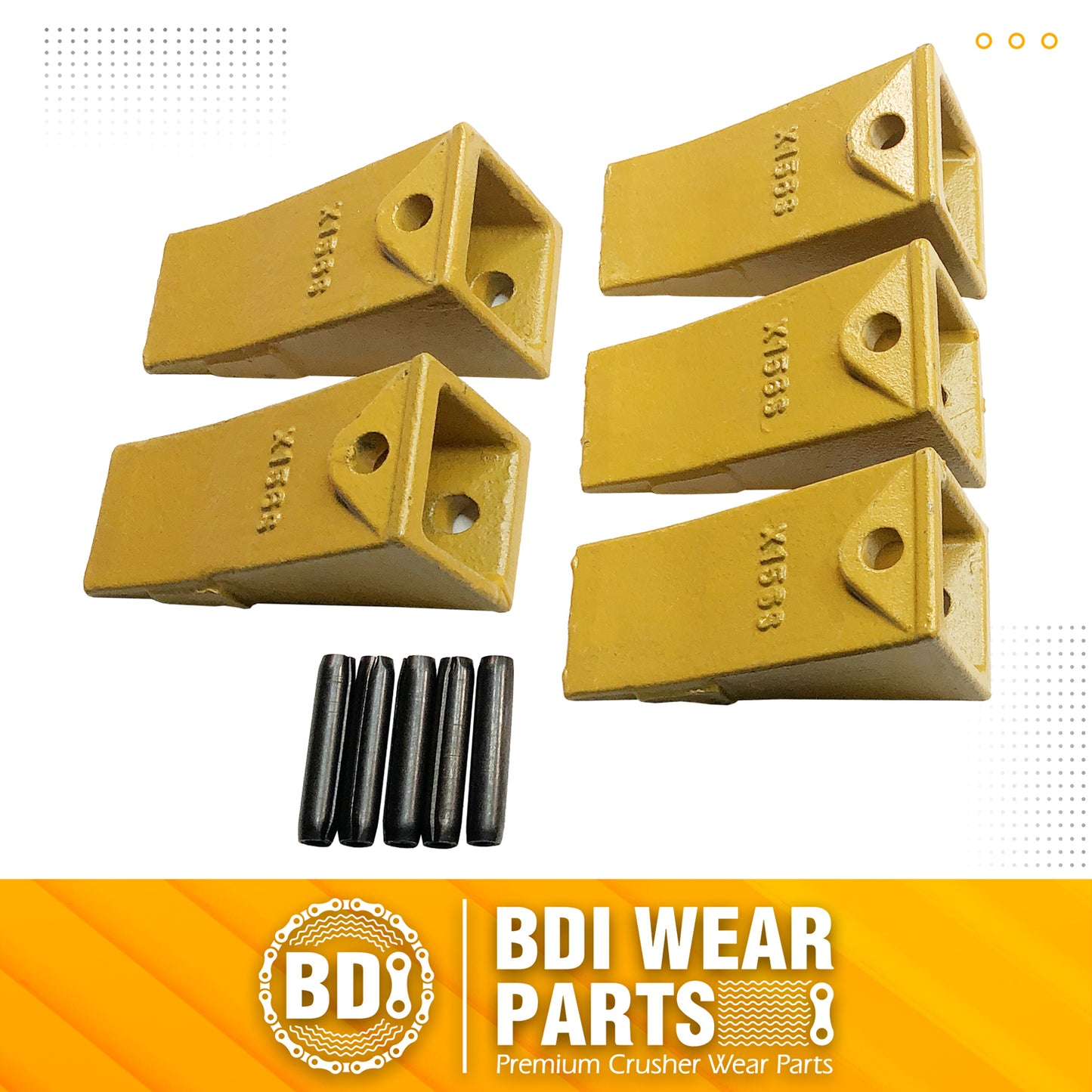 BDI Wear Parts X156S Short Dirt Teeth Hensley Style Bucket Teeth/Tooth & P156 Roll Pins - 5 Pack