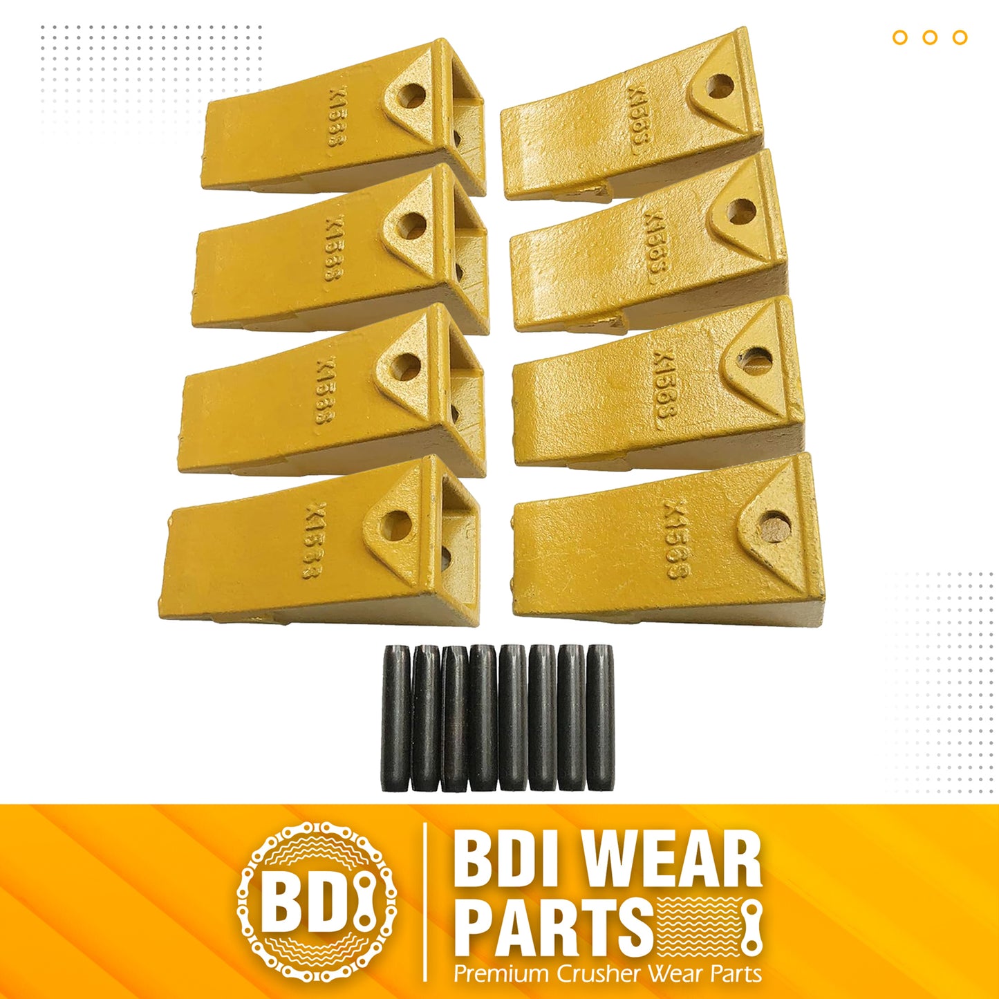 BDI Wear Parts X156S Short Dirt Teeth Hensley Style Bucket Teeth/Tooth with P156 Roll Pins - 8 Pack