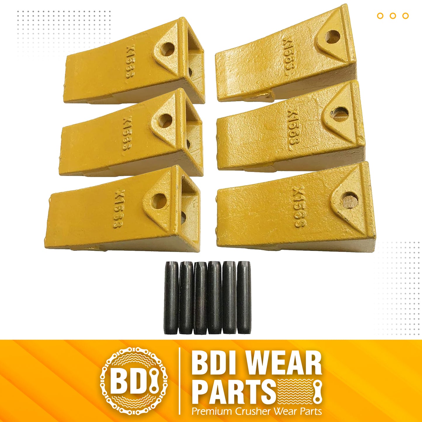 BDI Wear Parts X156S Short Dirt Teeth Hensley Style Bucket Teeth/Tooth with P156 Roll Pins - 6 Pack