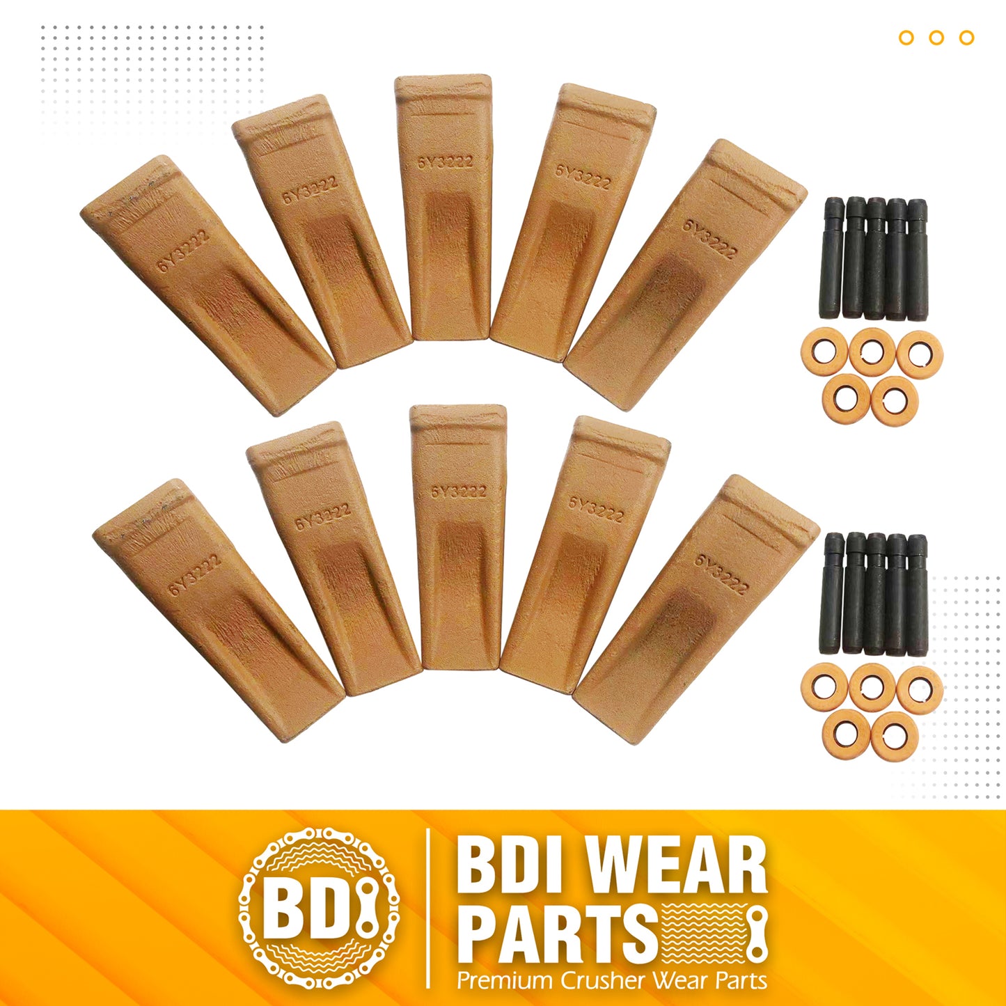 BDI Wear Parts 6Y3222 Caterpillar Style Bucket Teeth with Pins and Retainer Clips, CAT Style 6Y-3222 Long Tip J225 Replacement Dirt Tooth for Excavator - 10PK