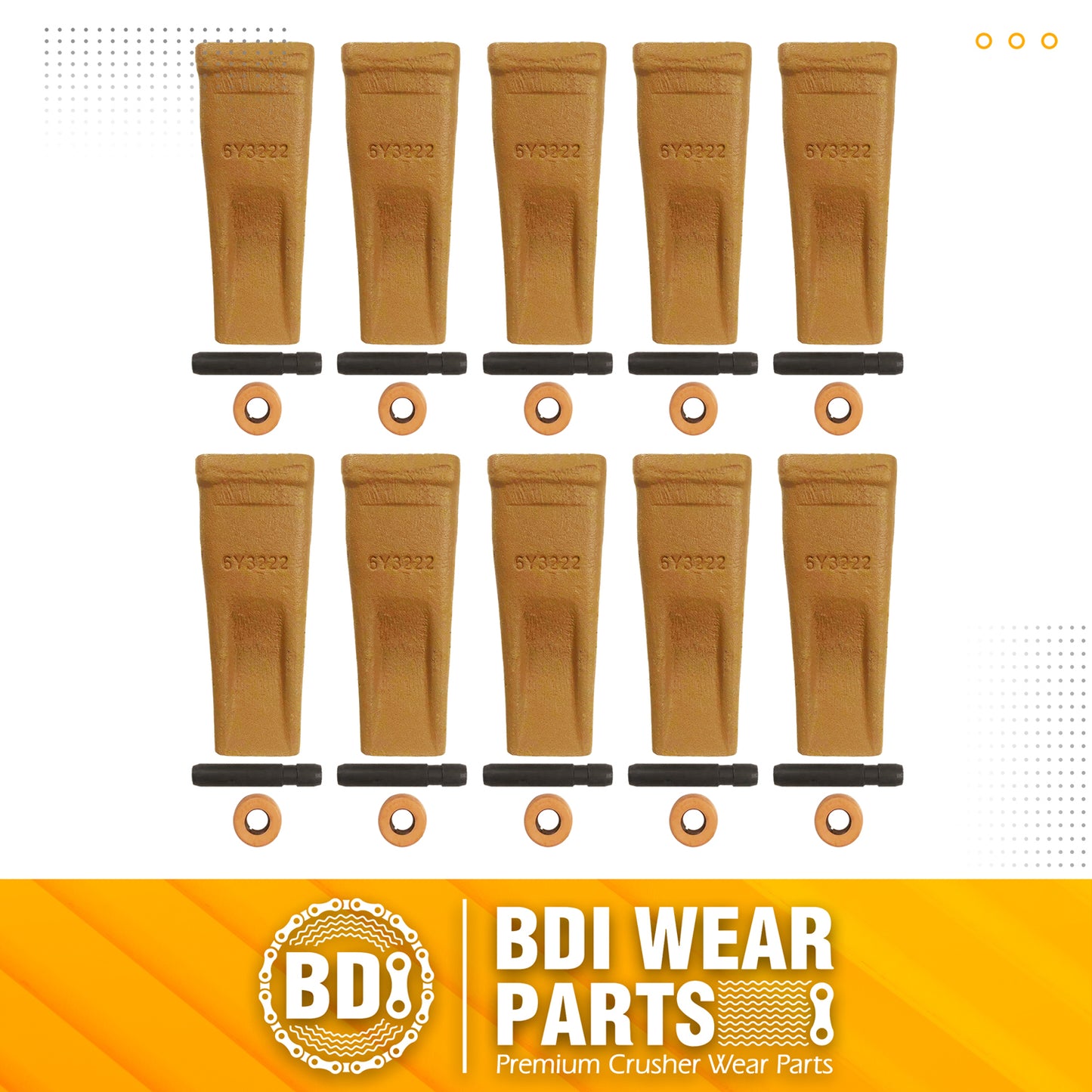 BDI Wear Parts 6Y3222 Caterpillar Style Bucket Teeth with Pins and Retainer Clips, CAT Style 6Y-3222 Long Tip J225 Replacement Dirt Tooth for Excavator - 10PK