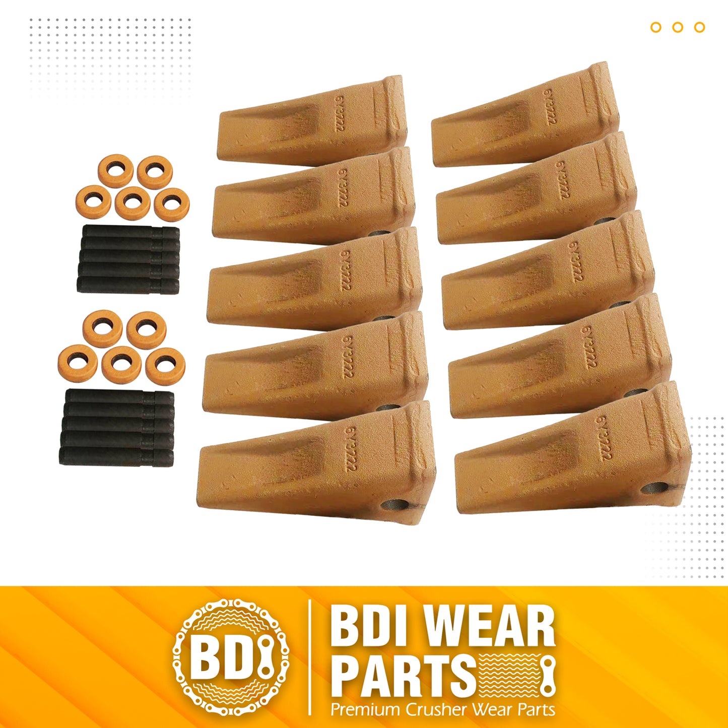 BDI Wear Parts 6Y3222 Caterpillar Style Bucket Teeth with Pins and Retainer Clips, CAT Style 6Y-3222 Long Tip J225 Replacement Dirt Tooth for Excavator - 10PK