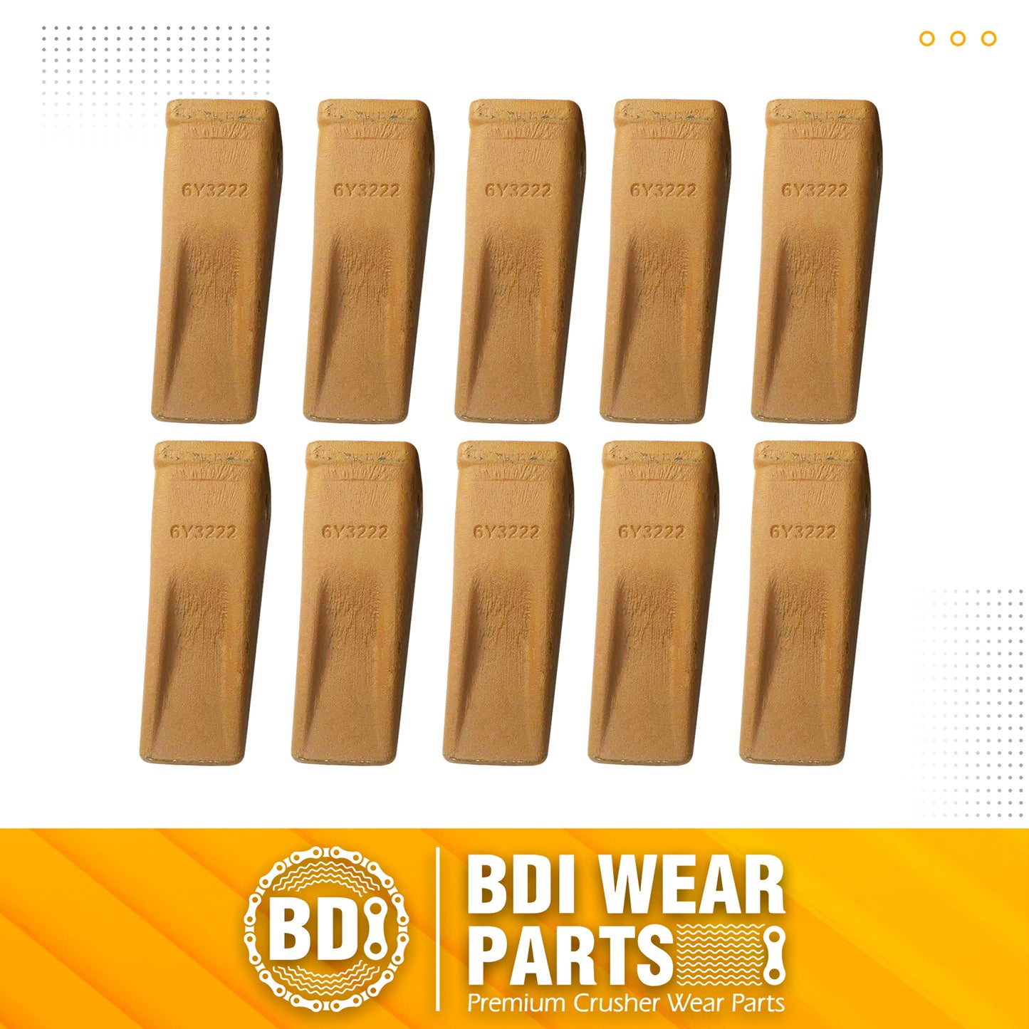 BDI Wear Parts 6Y3222 Caterpillar Style Bucket Teeth with Pins and Retainer Clips, CAT Style 6Y-3222 Long Tip J225 Replacement Dirt Tooth for Excavator - 10PK