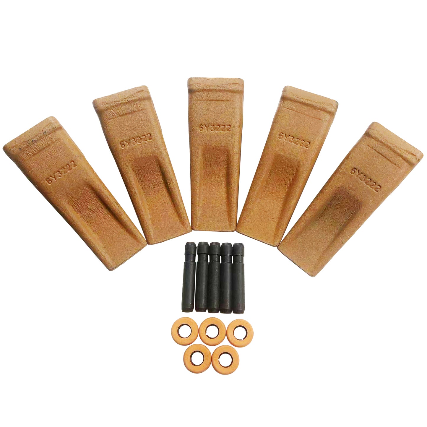 BDI Wear Parts 6Y3222 Caterpillar Style Bucket Teeth with Pins and Retainer Clips, CAT Style 6Y-3222 Long Tip J225 Replacement Dirt Tooth for Excavator - 5PK