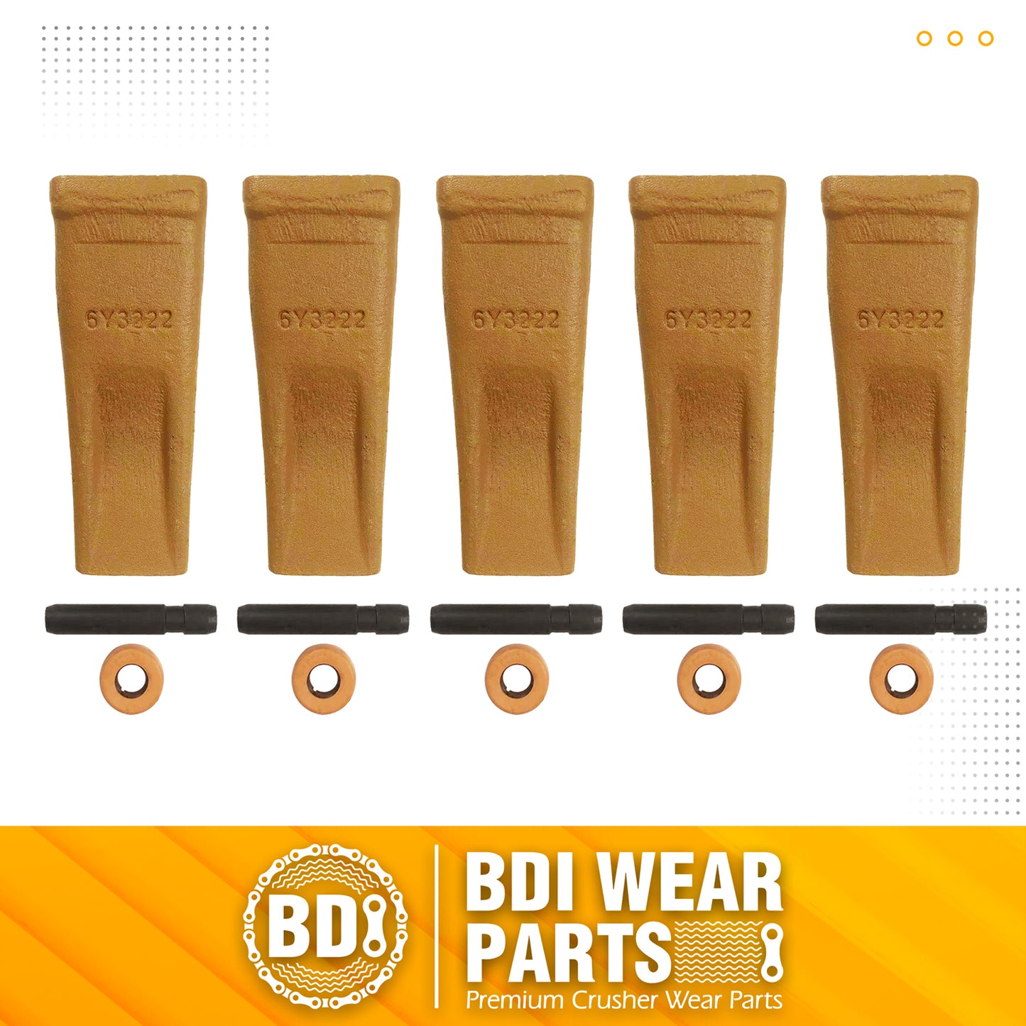 BDI Wear Parts 6Y3222 Caterpillar Style Bucket Teeth with Pins and Retainer Clips, CAT Style 6Y-3222 Long Tip J225 Replacement Dirt Tooth for Excavator - 5PK