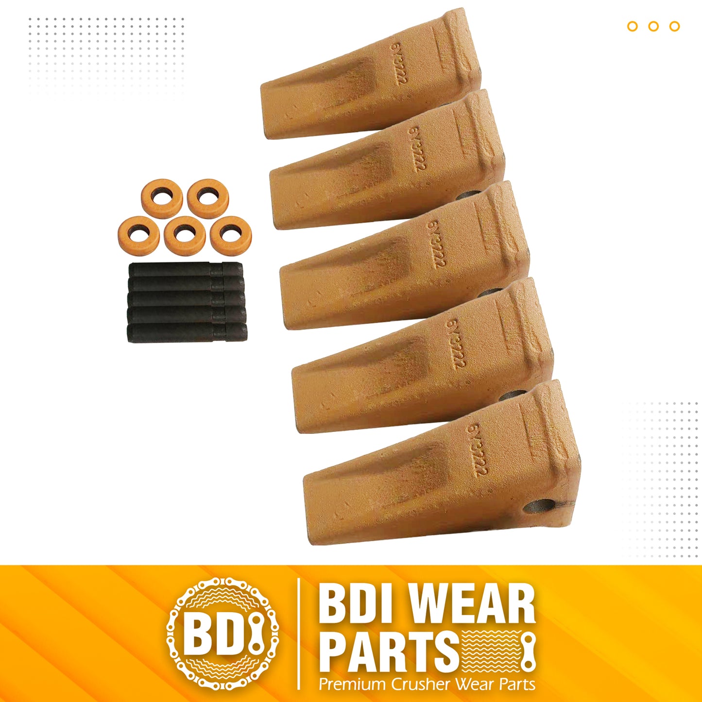 BDI Wear Parts 6Y3222 Caterpillar Style Bucket Teeth with Pins and Retainer Clips, CAT Style 6Y-3222 Long Tip J225 Replacement Dirt Tooth for Excavator - 5PK