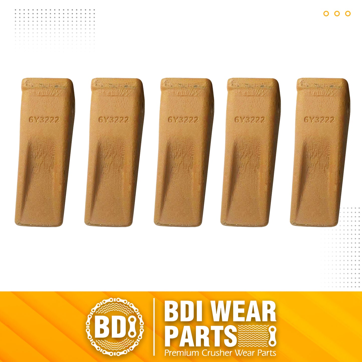 BDI Wear Parts 6Y3222 Caterpillar Style Bucket Teeth with Pins and Retainer Clips, CAT Style 6Y-3222 Long Tip J225 Replacement Dirt Tooth for Excavator - 5PK