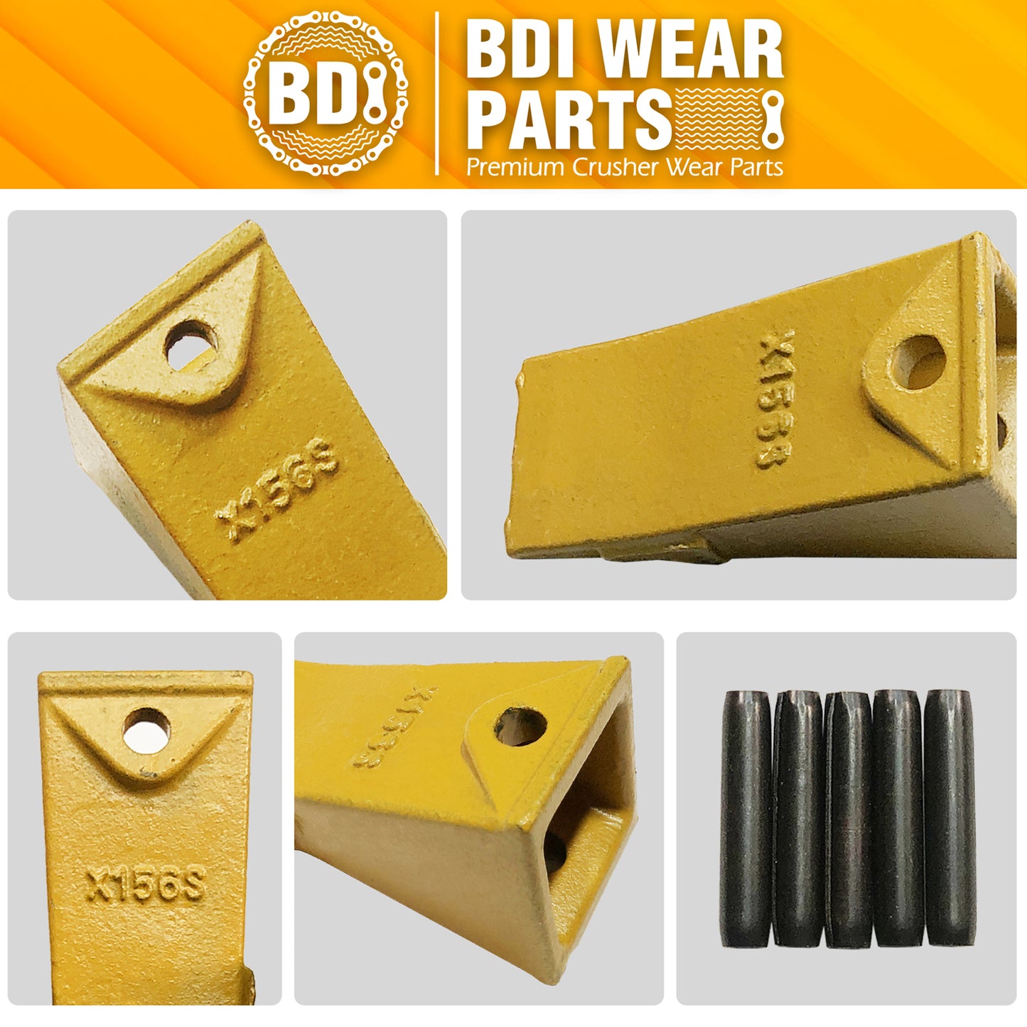 BDI Wear Parts X156S Short Dirt Teeth Hensley Style Bucket Teeth/Tooth with P156 Roll Pins - 2 Pack