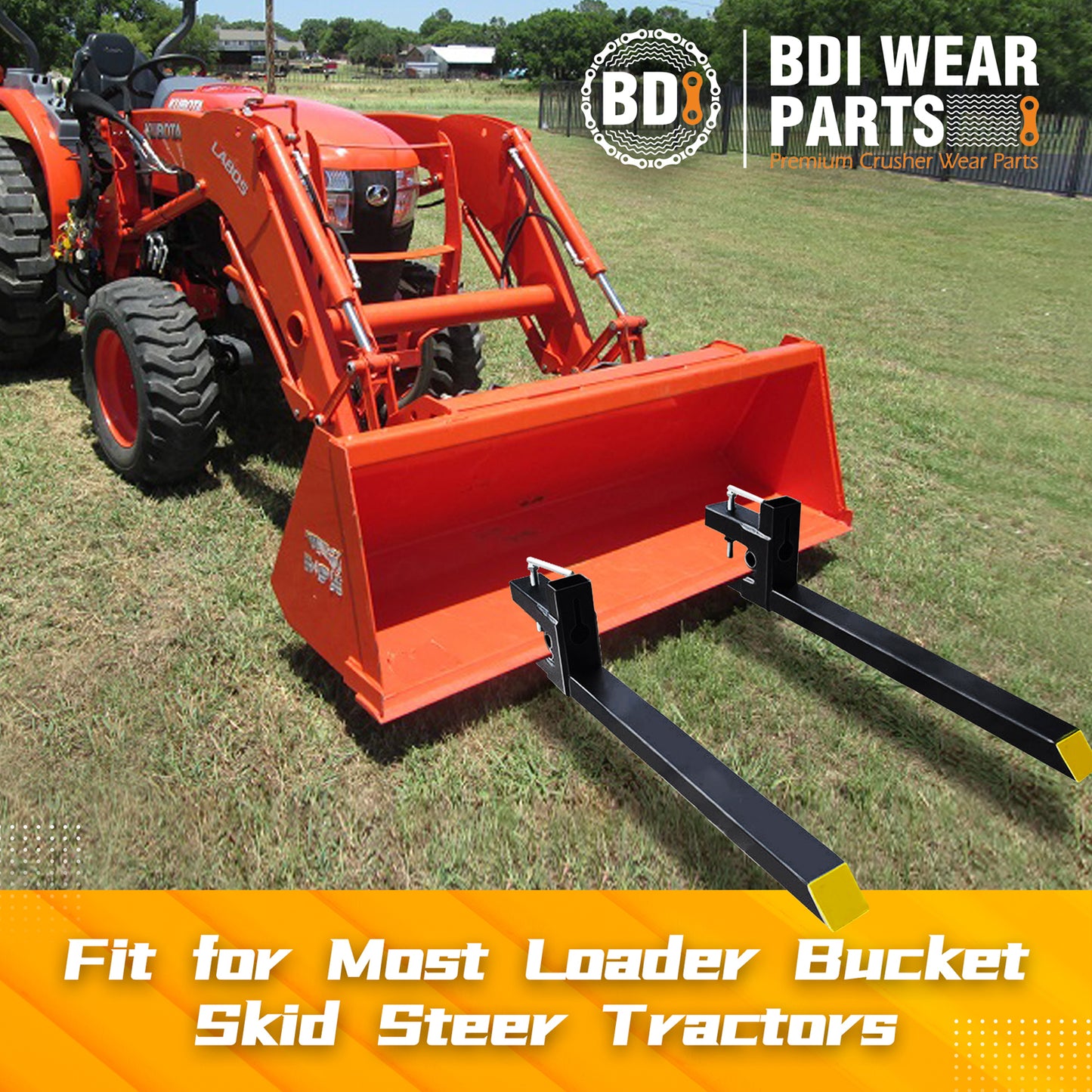 BDI Wear Parts 43" Total Length 1500 Lbs Pallet Forks Chain Heavy-Duty Front Loader Forks Pallet Forks for Loader Bucket Skid Steer Tractor Without Bar
