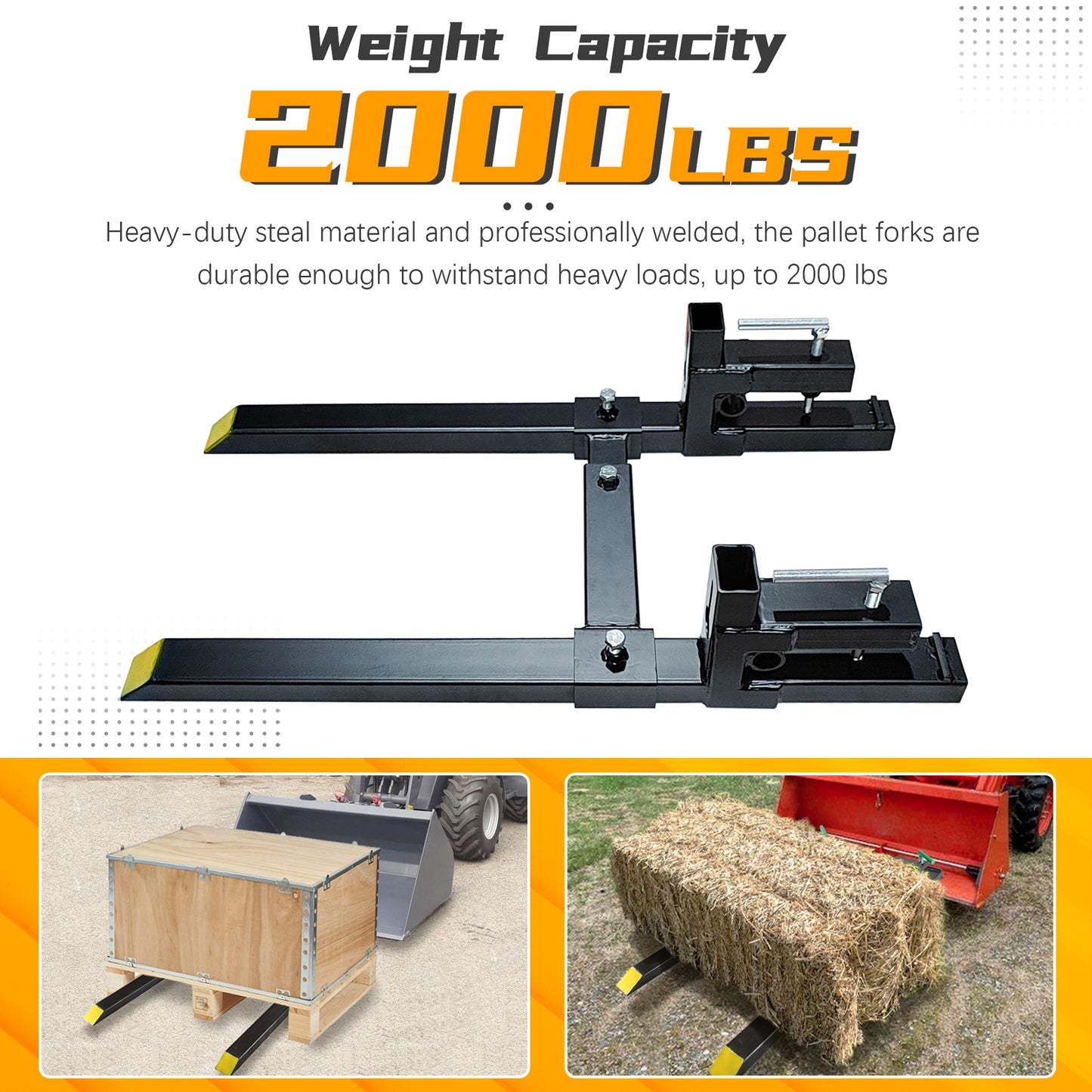 BDI Wear Parts 43" Pallet Forks 2000 Lbs Capacity Max Tractor Forks Heavy-Duty Front Loader Forks Pallet Forks for Loader Bucket Skid Steer Tractor Bucket Forks (2000 Lbs & Stabilizer Bar)