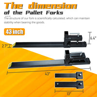 BDI Wear Parts 43" Pallet Forks 2000 Lbs Capacity Max Tractor Forks Heavy-Duty Front Loader Forks Pallet Forks for Loader Bucket Skid Steer Tractor Bucket Forks (2000 Lbs & Stabilizer Bar)