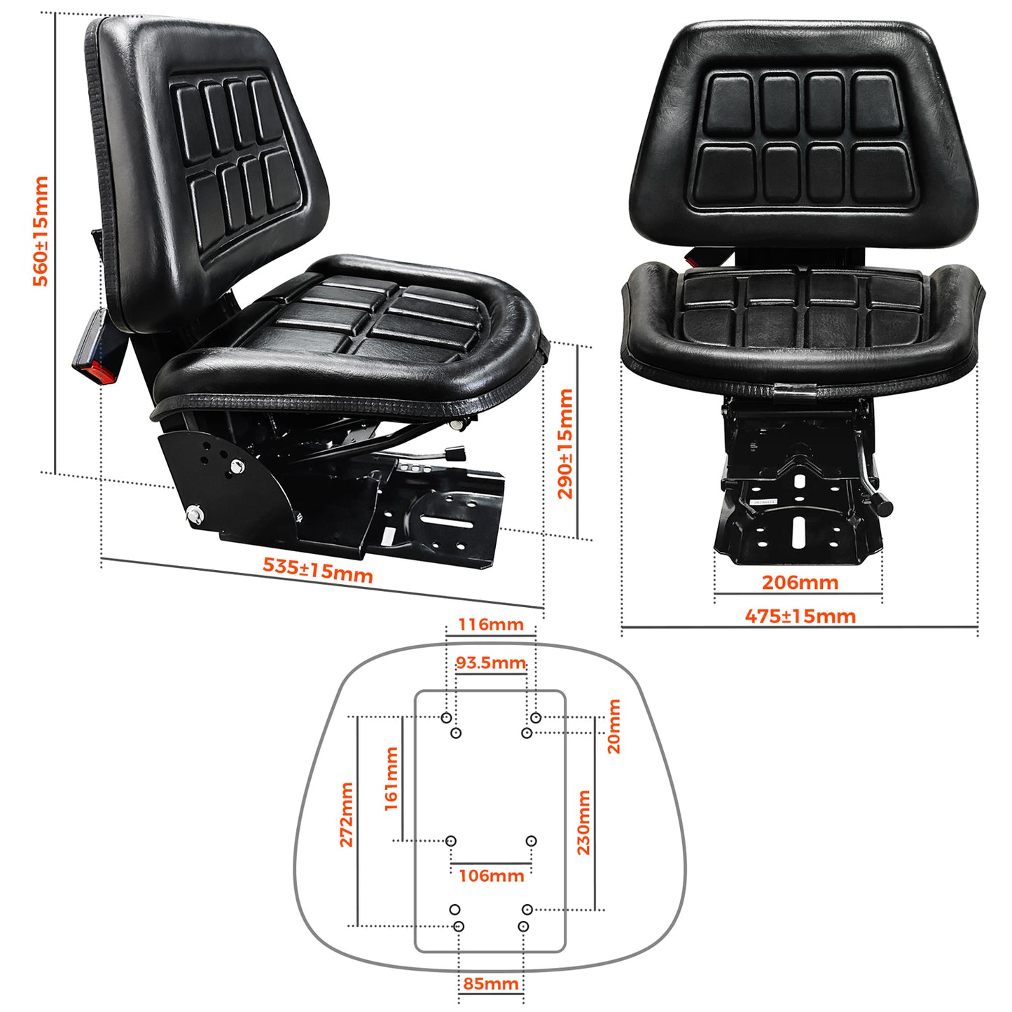 BDI Wear Parts Universal Adjustable Tractor Suspension Seat Waffle Style with Safety Belt,Tilt Fits for, Fits Forklift Riding Garden Lawn Mower John Deere Fiat Ford Kubota